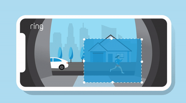 GIF showing the dots and lines moving to adjust the blue shaded Motion Zone using the Ring App and a person running on a street in the zone.