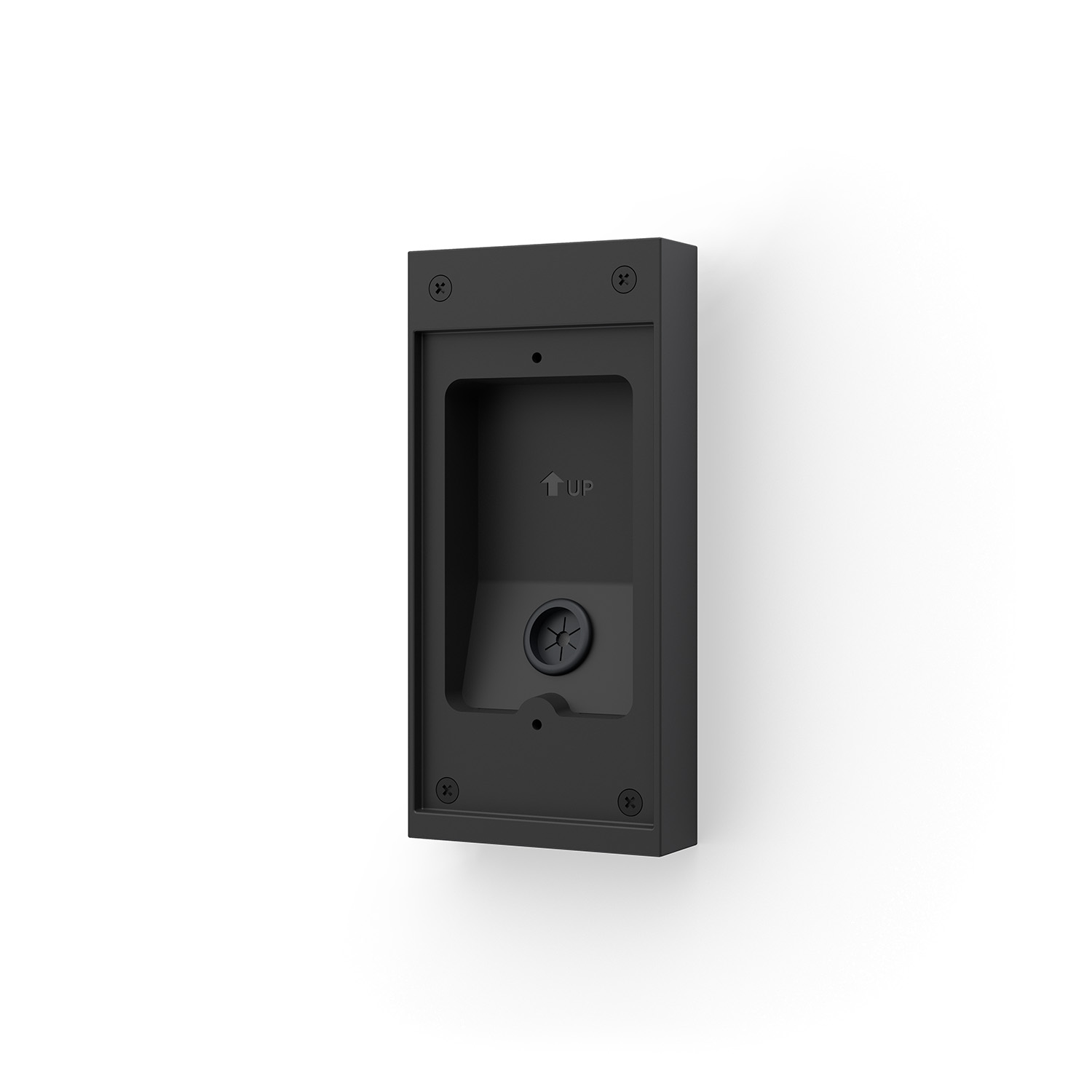 Surface Mount Box (Wired Doorbell Elite 2nd Gen) - Black rectangular wall-mount bracket for a video doorbell, with recessed cavity, screw holes, and “UP” arrow indicator.