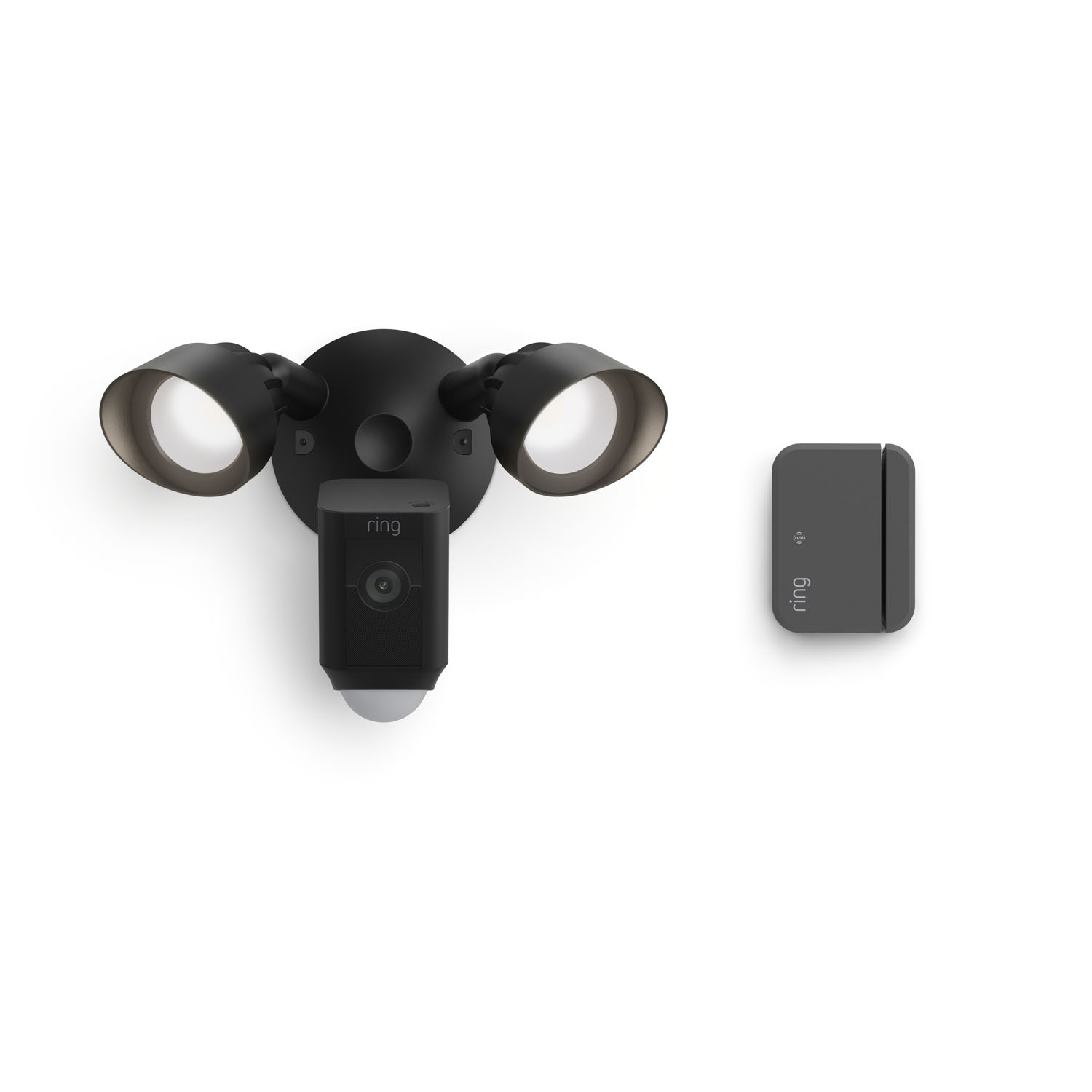 Floodlight Cam Plus, Wired + Outside Door Sensor (Newest Model) - Black Ring security floodlight camera with dual lights alongside a black, rectangular Ring outside door sensor.