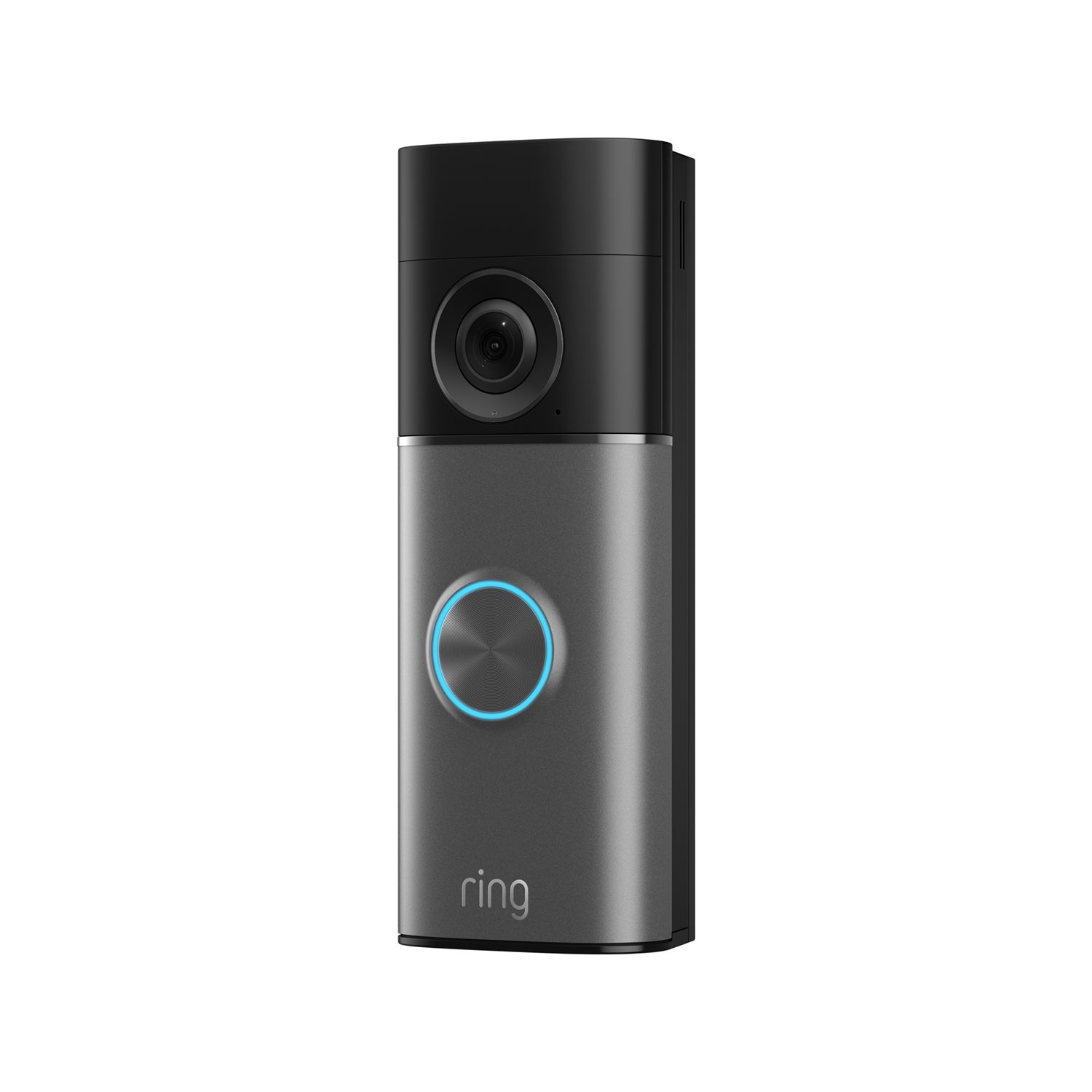 No-Drill Mount (for Battery Doorbell (Newest Model), Battery Doorbell Plus (Newest Model), Battery Doorbell Pro (Newest Model)) - Black and silver smart video doorbell with wide-angle camera on top and an illuminated blue ring button, shown on a white background.