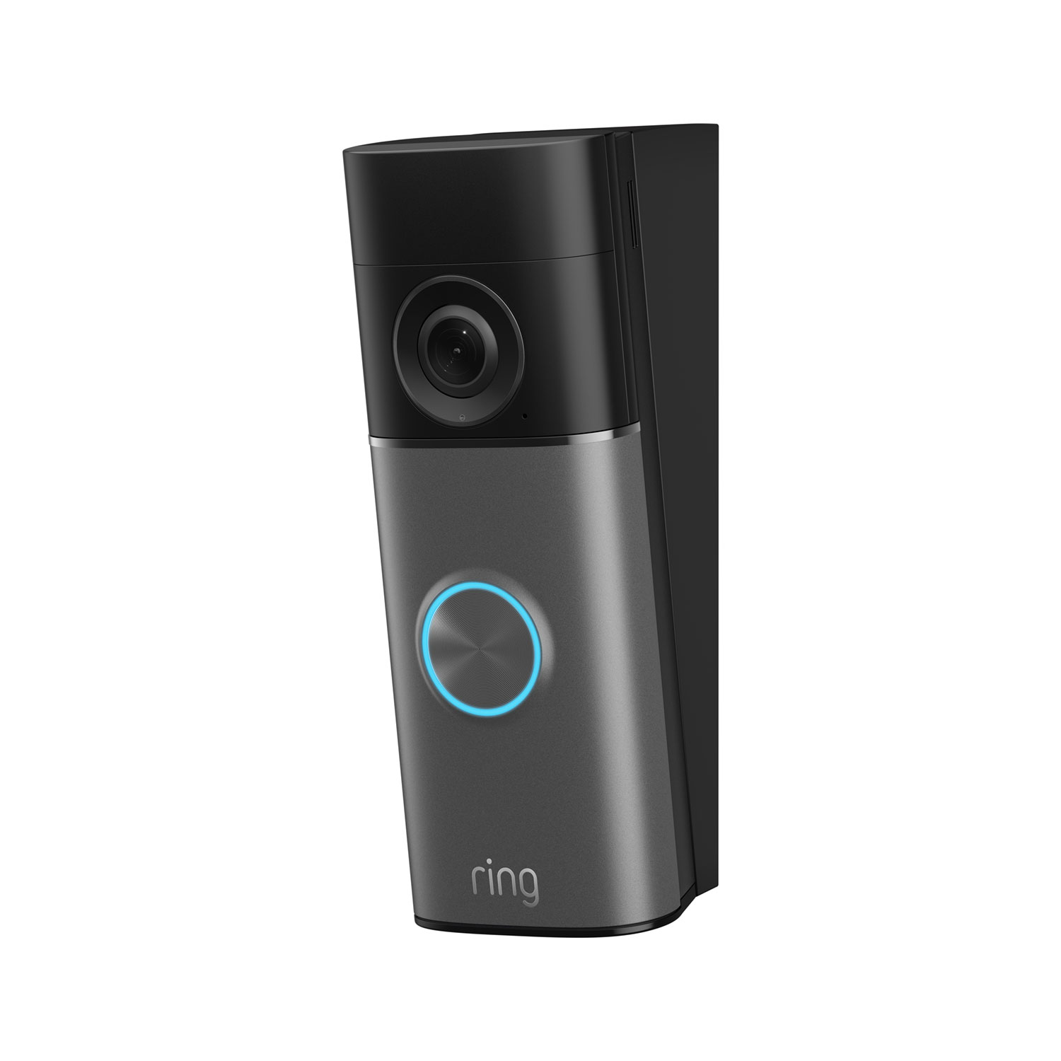 Wedge Kit - Black and gray Ring video doorbell with camera lens on top and illuminated blue ring button on the front, shown mounted at an angle on a Wedge Kit.