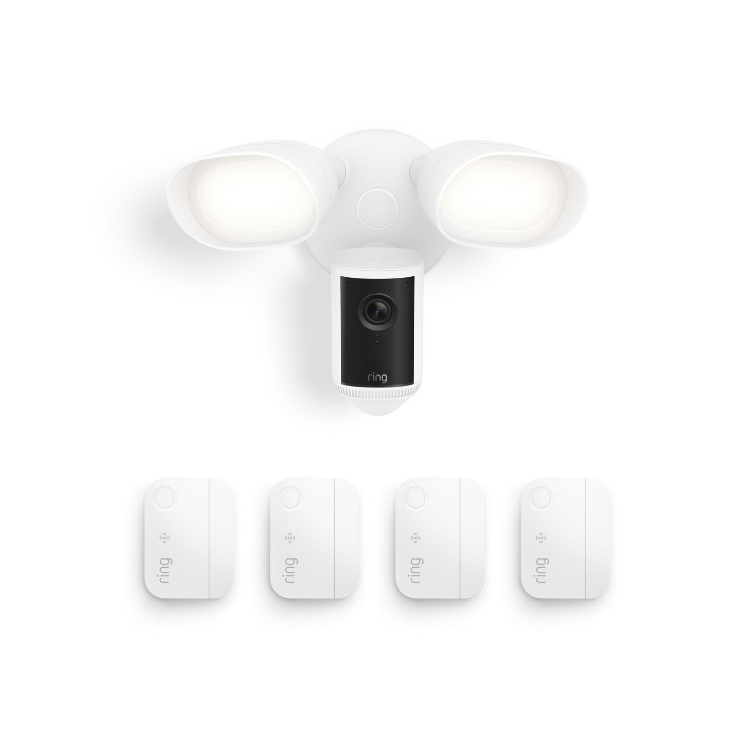 Floodlight Cam Pro (Newest Model) + 4 Window and Door Sensors (Newest Model) - White Ring floodlight camera with two bright LED panels above a central camera, shown with four matching white wireless sensors.