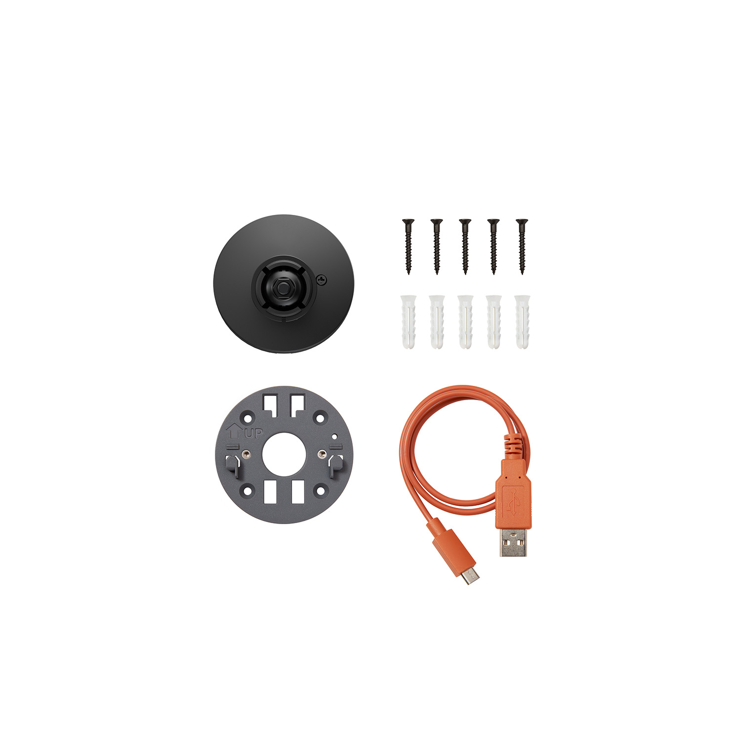 Spare Parts Kit (for Spotlight Cam, Battery (Newest Model)) - Black camera mount with grey mounting plate, screws and anchors, and an orange USB-A to micro-USB cable arranged on a white background.