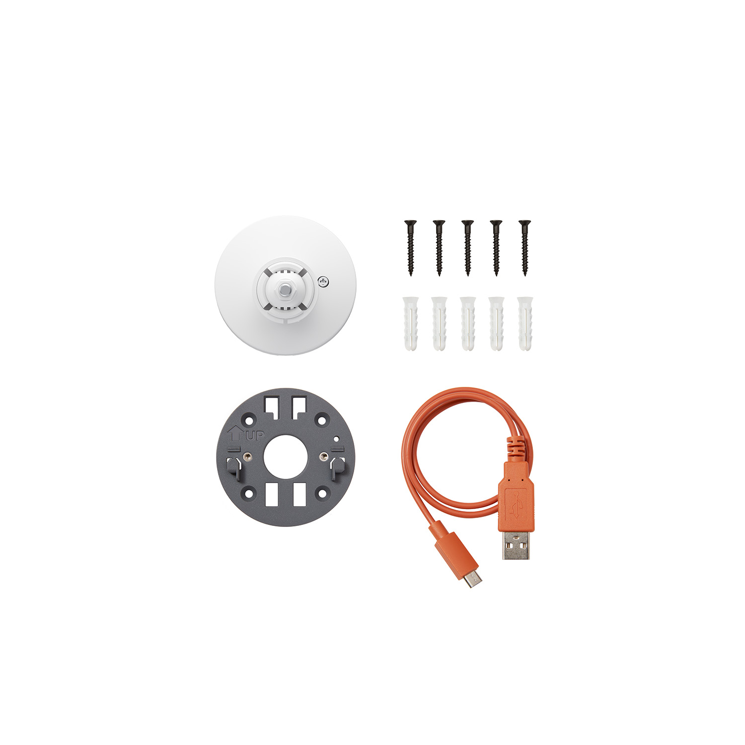 Spare Parts Kit (for Spotlight Cam, Battery (Newest Model)) - White camera mount with grey mounting plate, screws and anchors, and an orange USB-A to micro-USB cable arranged on a white background.