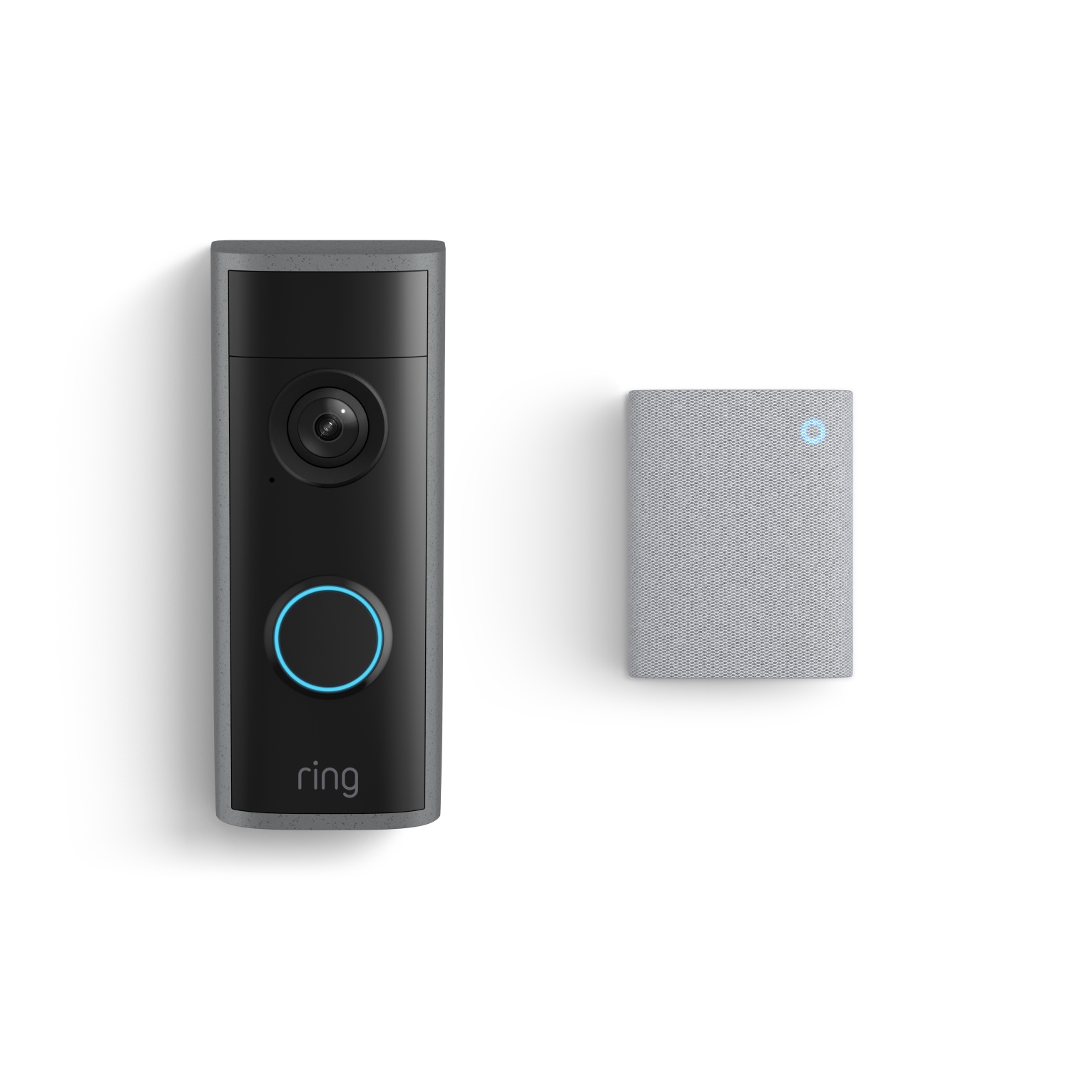 Peephole Cam 2K + Chime - Black Ring video doorbell with blue-lit button and camera, shown next to a small gray chime with a blue indicator light.