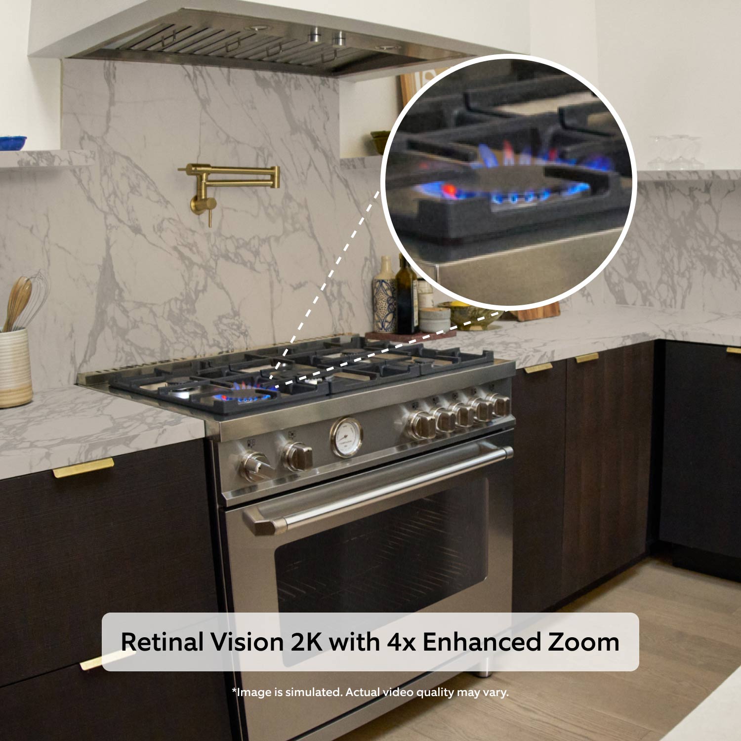 Indoor Cam Plus (Featuring Retinal 2K) - Close-up of a stainless steel gas stove with multiple burners. A circular inset shows a zoomed in view of a lit burner with blue flames. The stove is set against backsplash. Notes the image is simulated and actual video quality may vary.