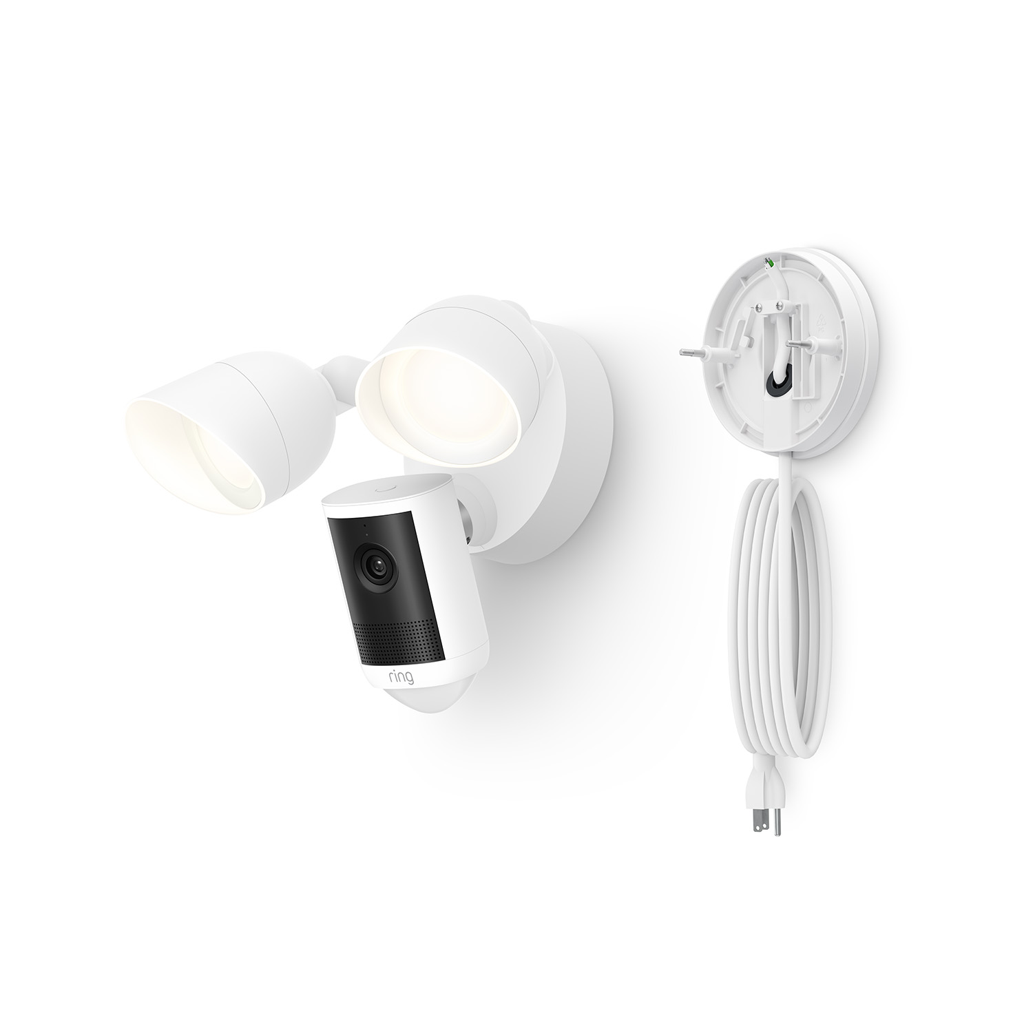 Plug-In Mount for Cameras (Floodlight Cam (2nd Gen))  - White outdoor floodlight with integrated camera and speaker, shown with wall mount and coiled power cord against a white background.