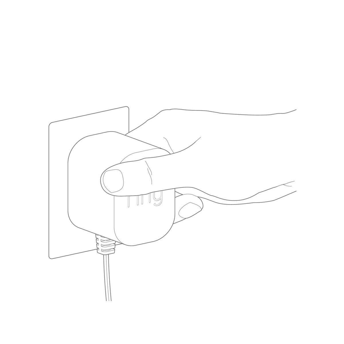 Illustration showing a Ring branded power adapter being plugged into a wall outlet. 