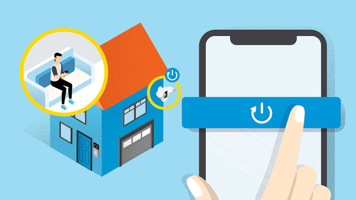 Illustration of smart home control on a mobile phone with person on couch