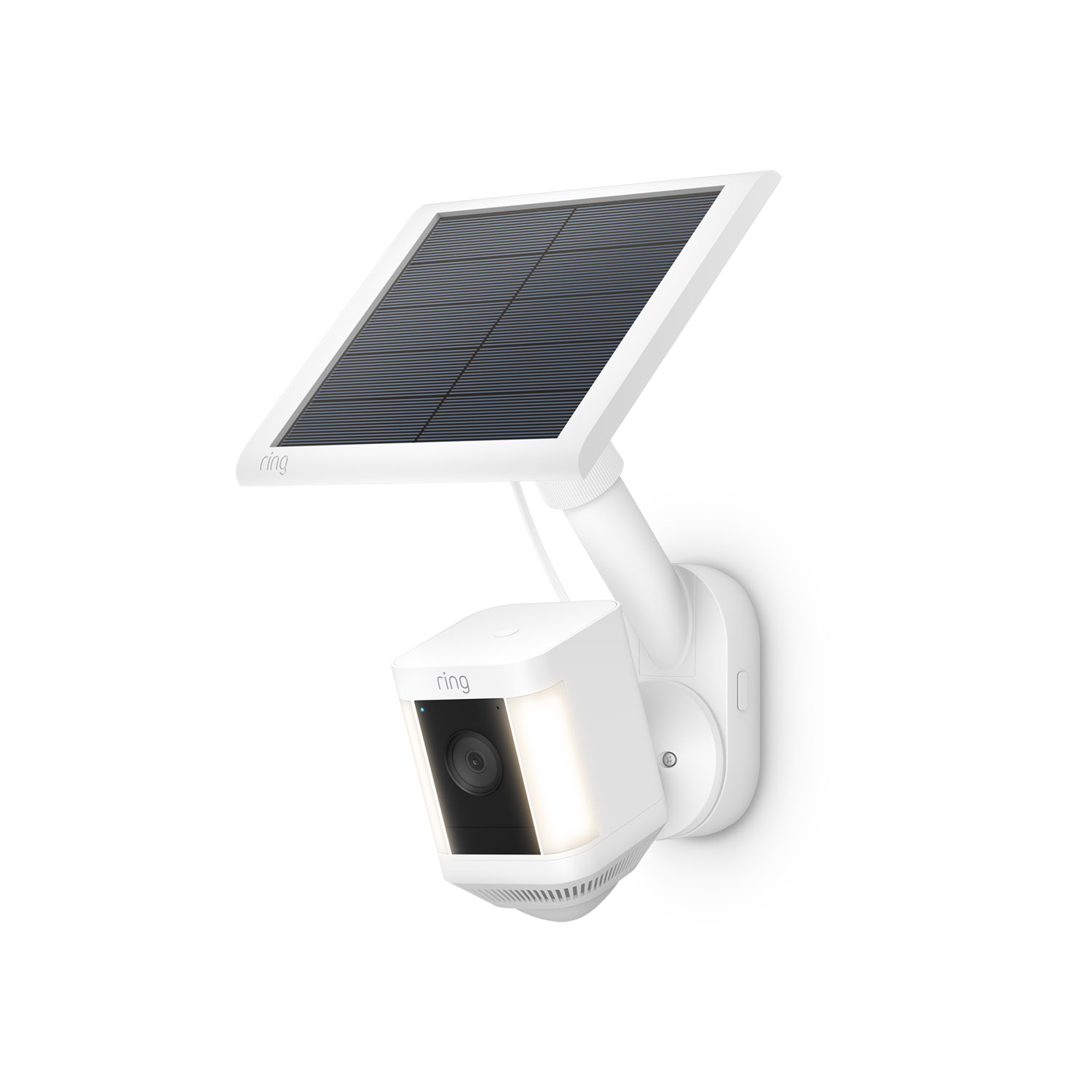 Pole and Wall Mount (for For Cameras and Solar Panels) - White Ring Pole and Wall Mount with attached camera and solar solar panel mounted on a white wall.