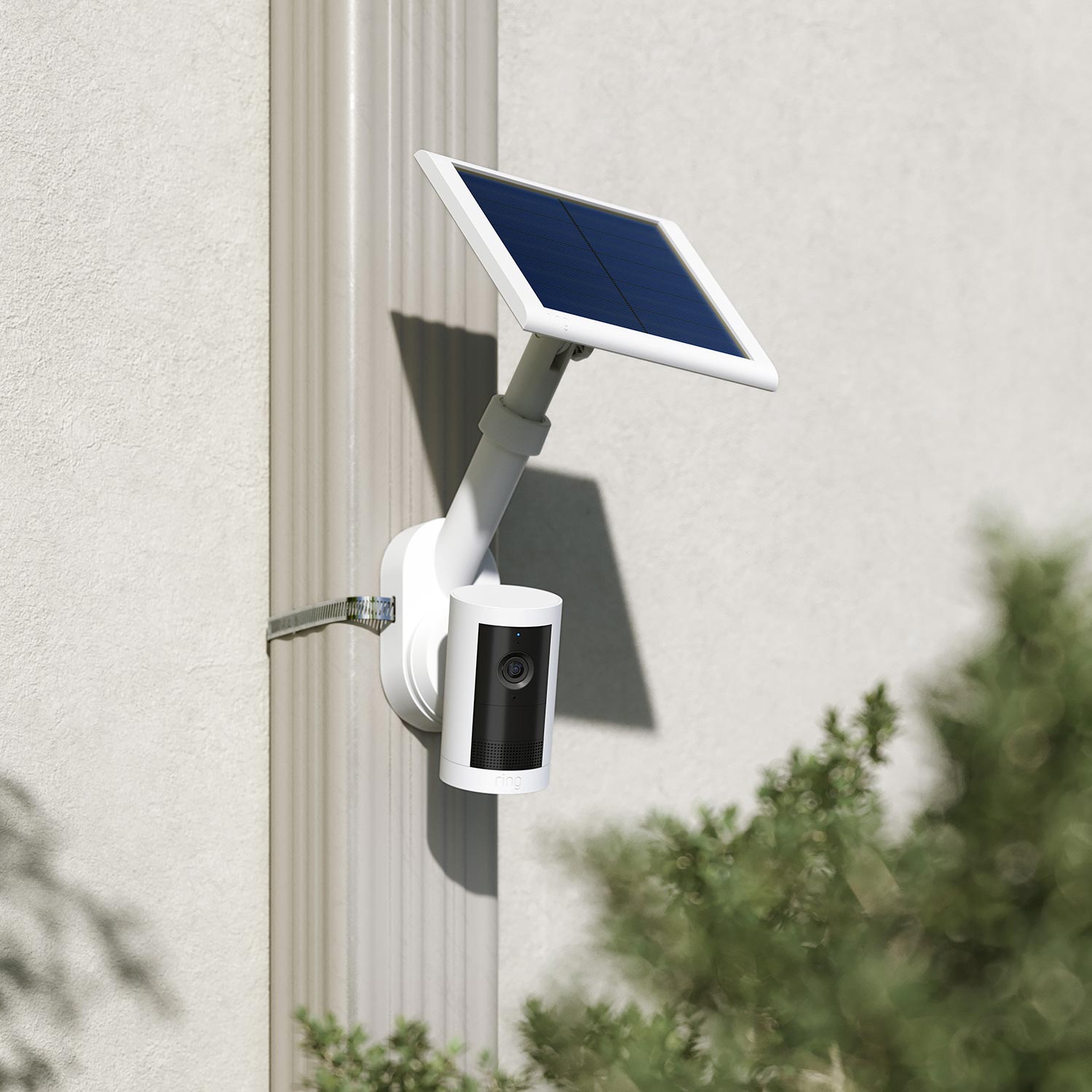 Pole and Wall Mount (for For Cameras and Solar Panels) - Ring camera and solar panel mounted on a downspout with metal strap using Ring Pole and Wall Mount.