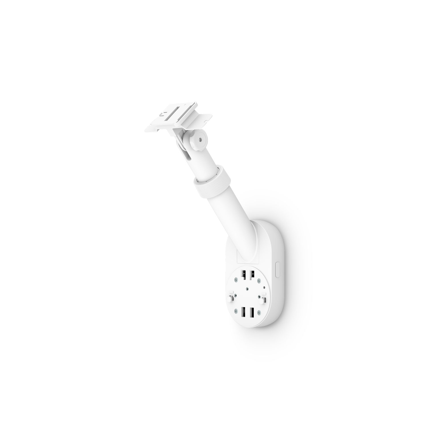 Pole and Wall Mount (for For Cameras and Solar Panels) - White adjustable Ring Pole and Wall Mount for cameras and solar panels, shown with wall plate and tilt arm.