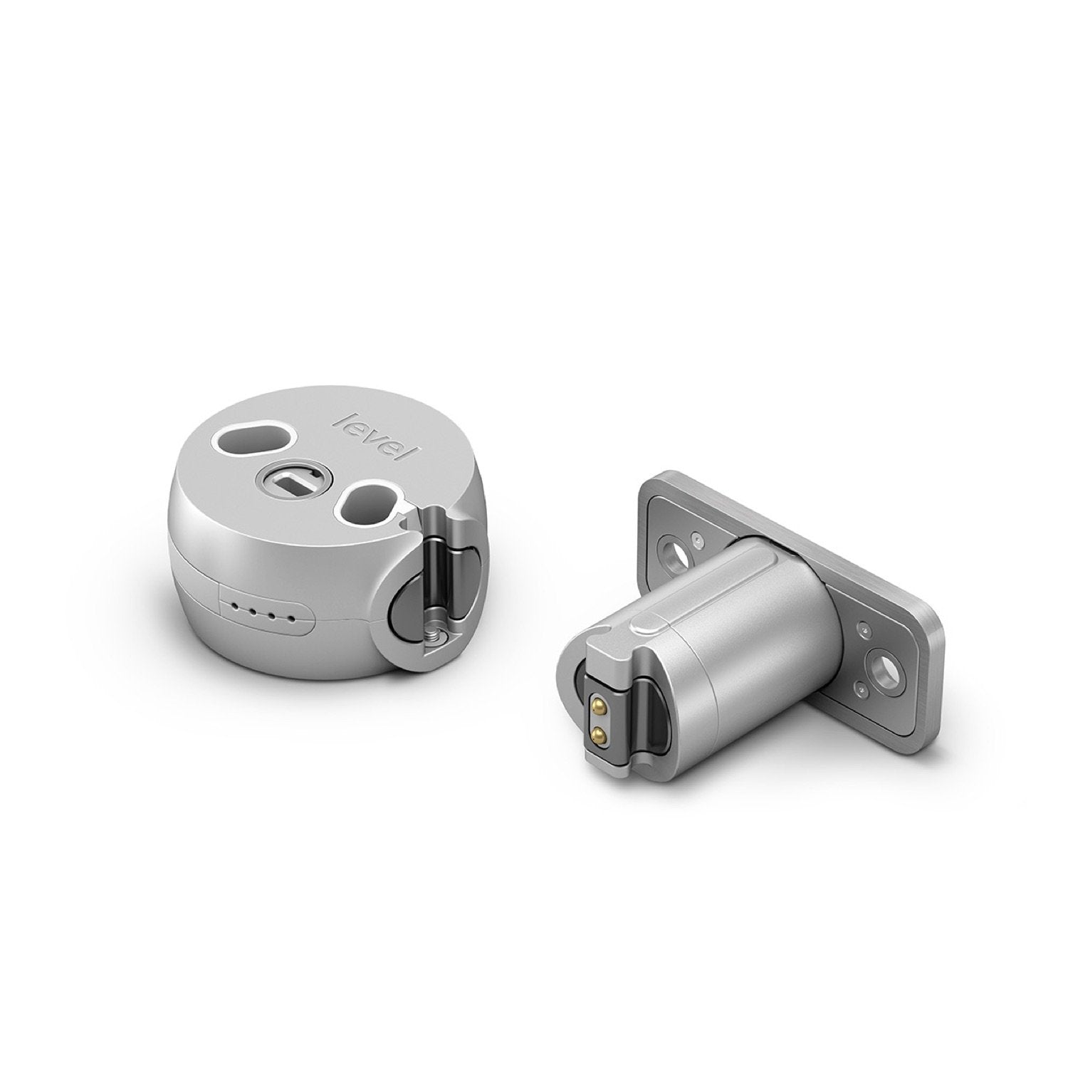 Level Bolt - Satin chrome level bolt smart lock components, including a round motor and cylindrical deadbolt.