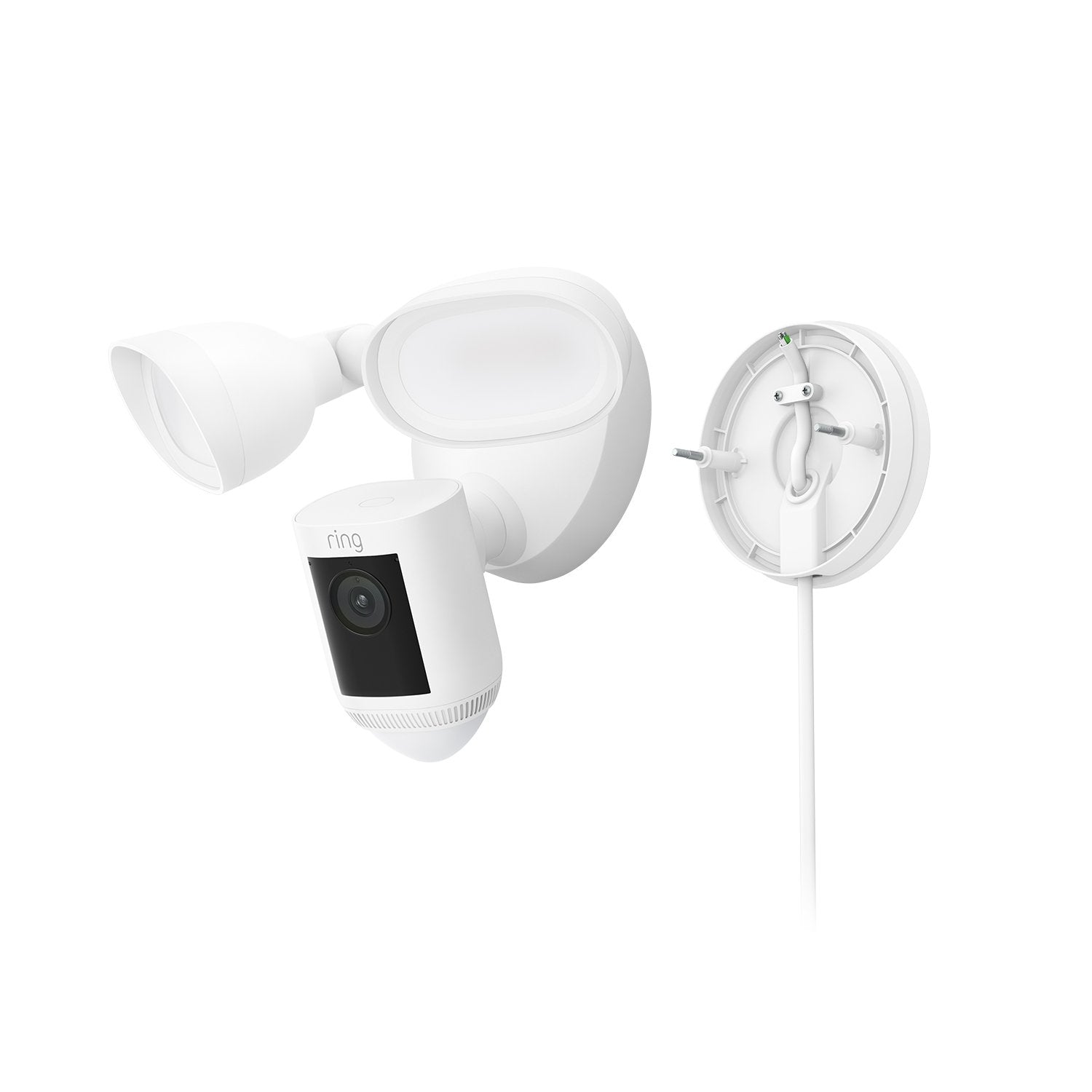 Plug-In Mount for Cameras (for Floodlight Cam Pro (2nd Gen), Floodlight Cam Wired Pro and Floodlight Cam Wired Plus) - White Ring Floodlight Cam Wired Pro with Plug-In Mount for Cams, showing camera, lights, and wall plate.