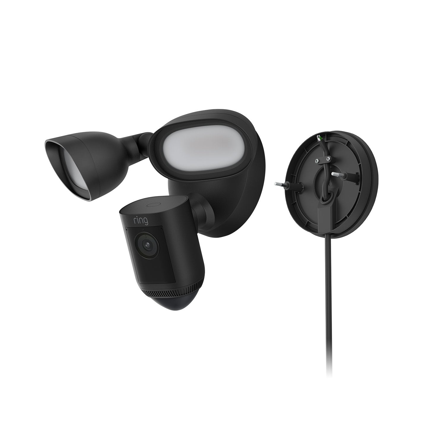 Plug-In Mount for Cameras (for Floodlight Cam Pro (2nd Gen), Floodlight Cam Wired Pro and Floodlight Cam Wired Plus) - Black Ring Floodlight Cam Wired Pro with Plug-In Mount for Cams, showing camera, lights, and wall plate.