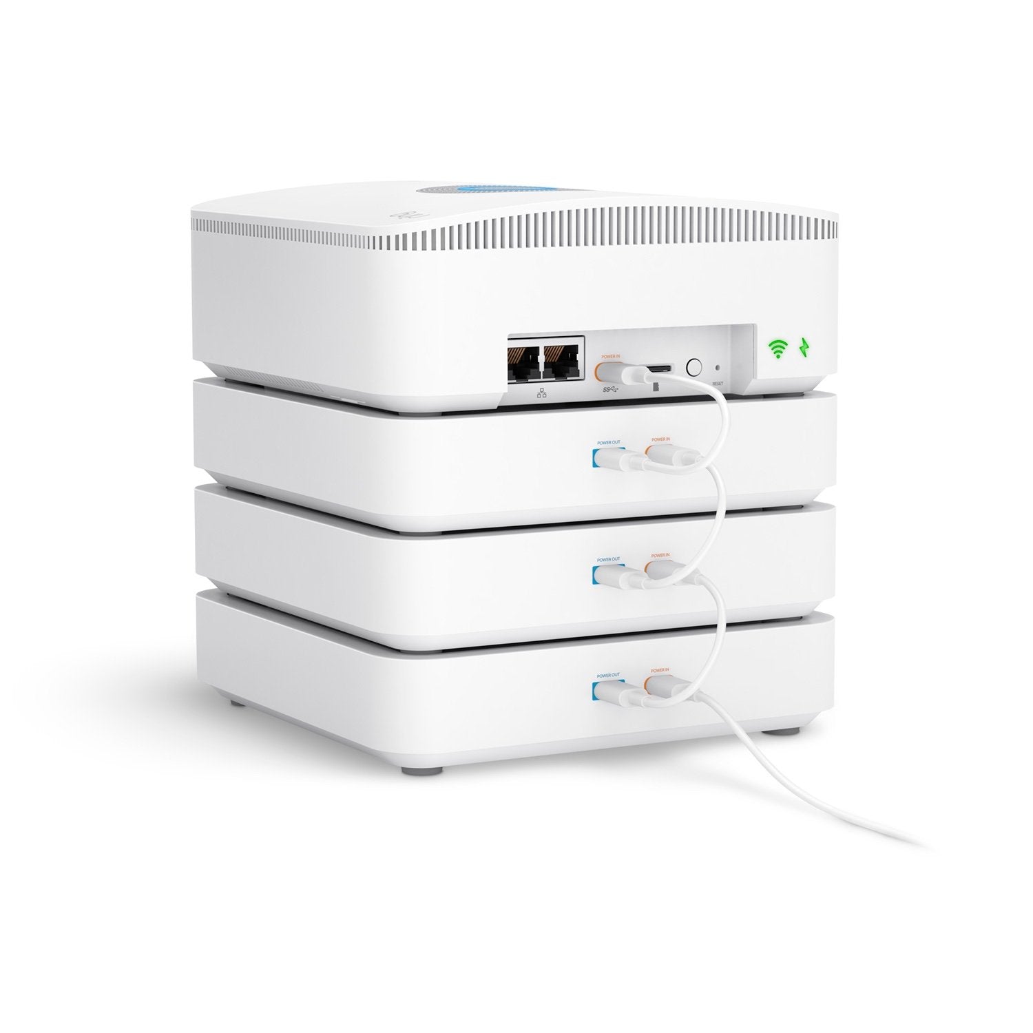 Ring Power Pack - Three stacked white Ring Power Packs connected by cables to a Ring Alarm Pro Base Station. 