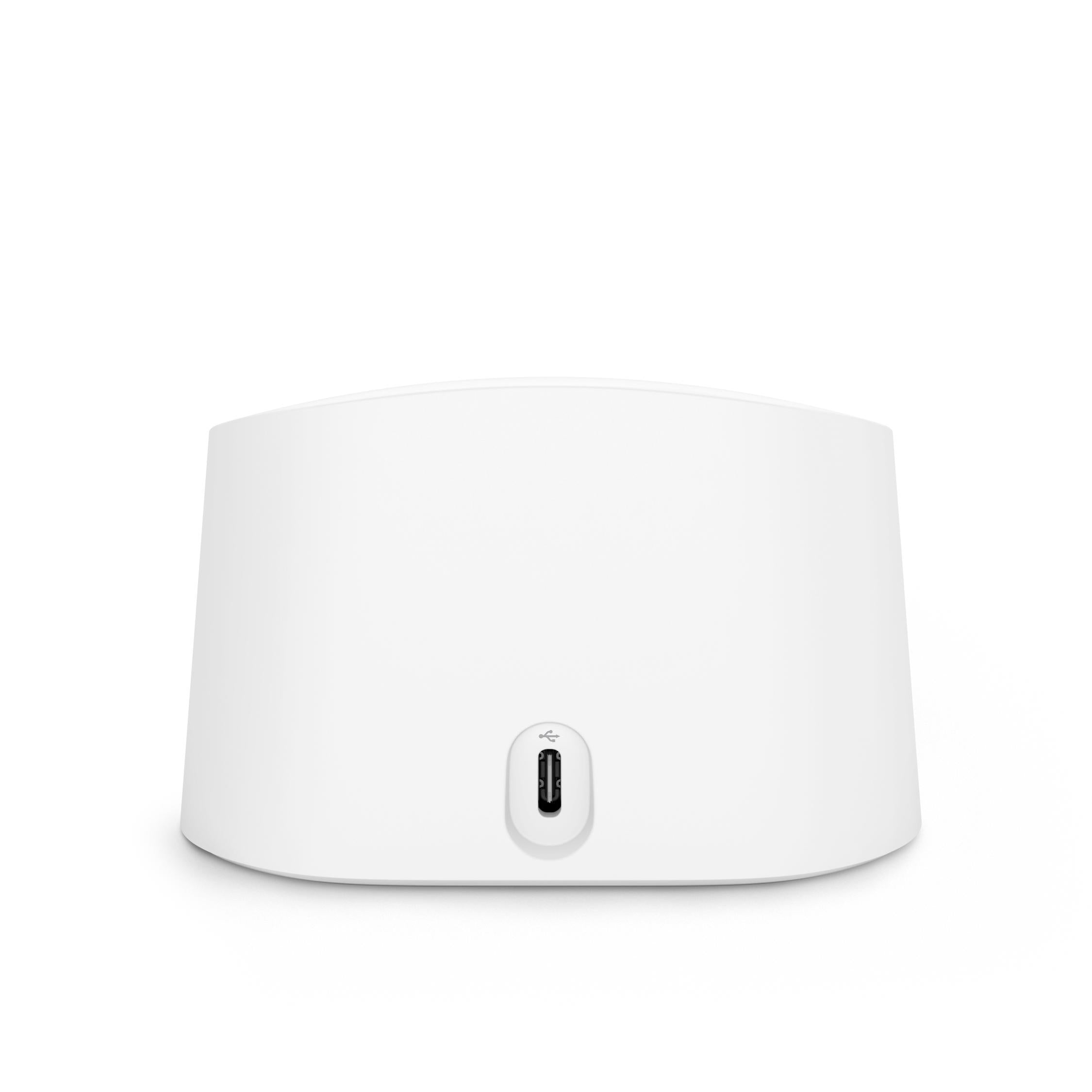 eero 6 Extender - Rear-view of white eero 6 Extender with single USB-C port, designed to expand Wi-Fi 6 coverage in a mesh network system.