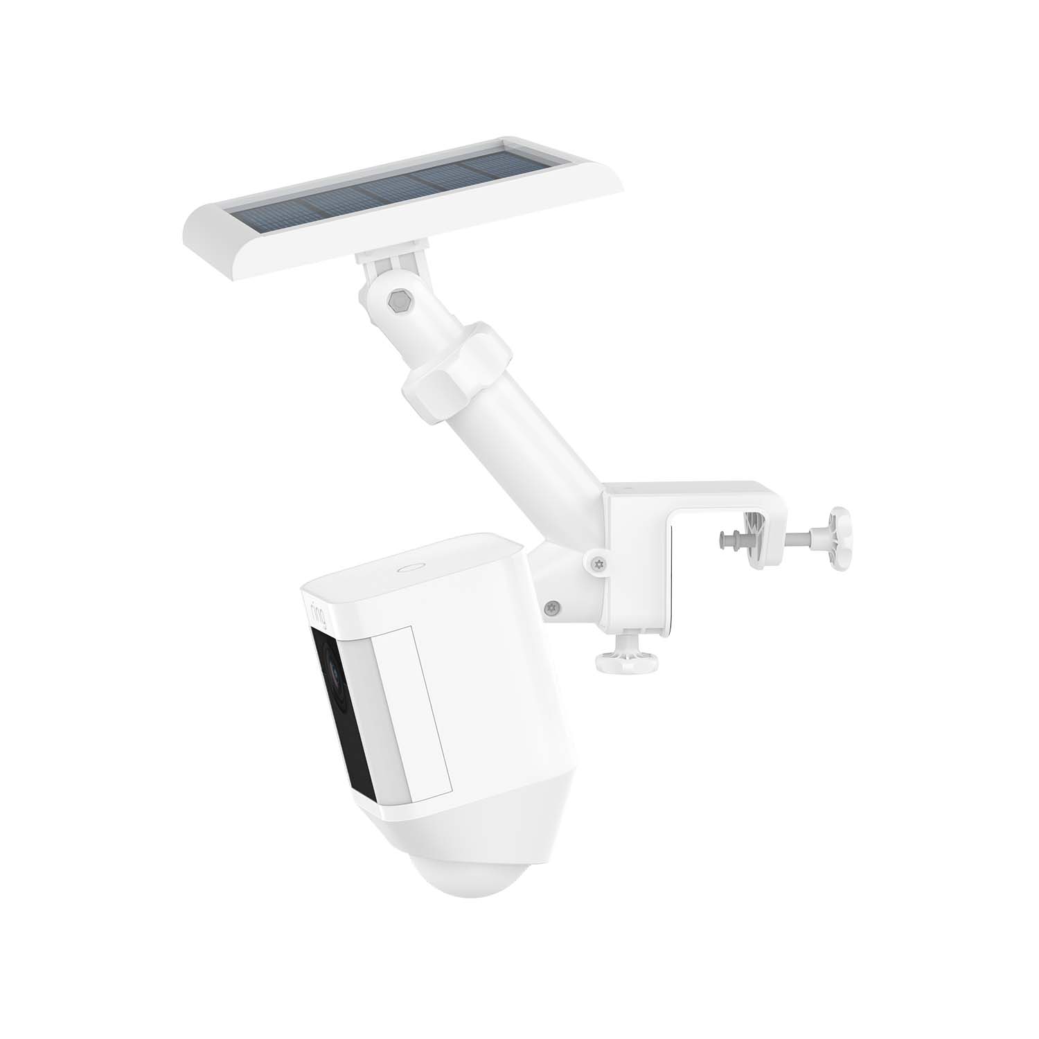 Gutter Mount for Solar Panels and Cameras - White Ring Gutter Mount connects security camera and solar panel on an adjustable arm with clamp.