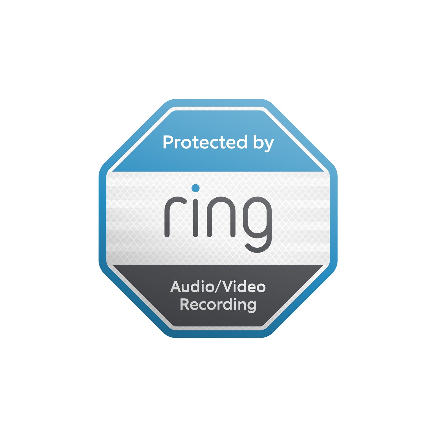 Reflective Security Stickers - Blue and black, octagon-shaped 'Protected by Ring' reflective security sticker with audio/video recording notice.
