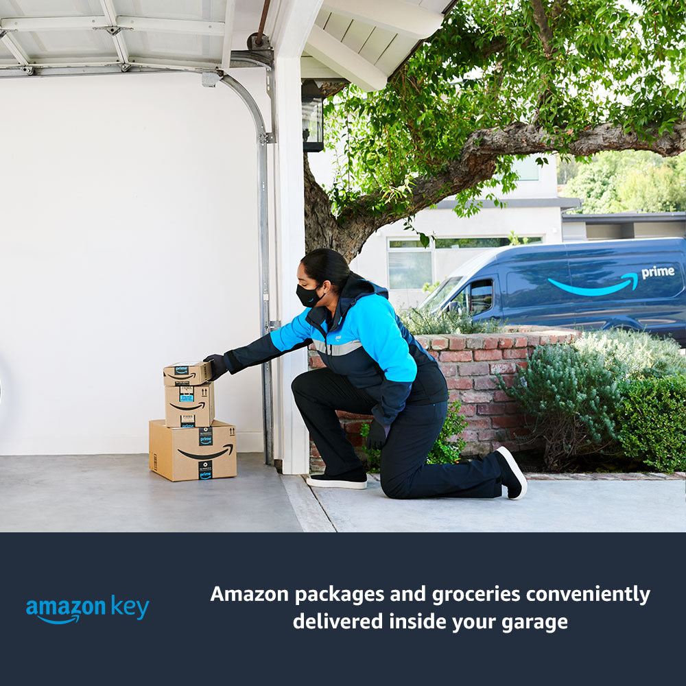 Chamberlain® Ultra-quiet belt drive Wi-Fi® Garage Door Opener (for Works with Ring) - Amazon driver places packages inside an open garage. Bottom text promotes Amazon Key in-garage delivery service.