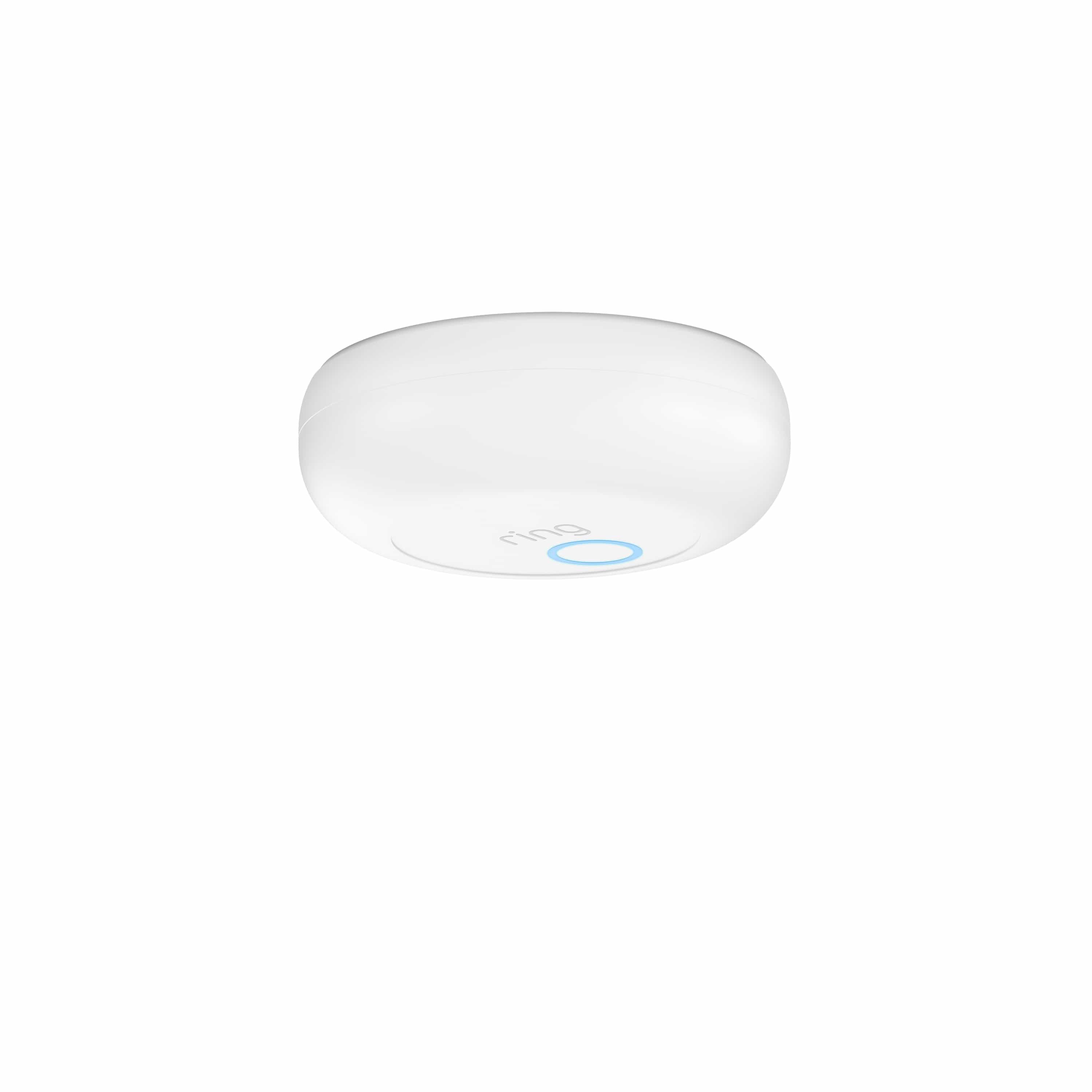Smoke & CO Listener Alarm Bundle - White Ring Alarm Smoke and CO Listener, with blue-lit button mounted on a ceiling.