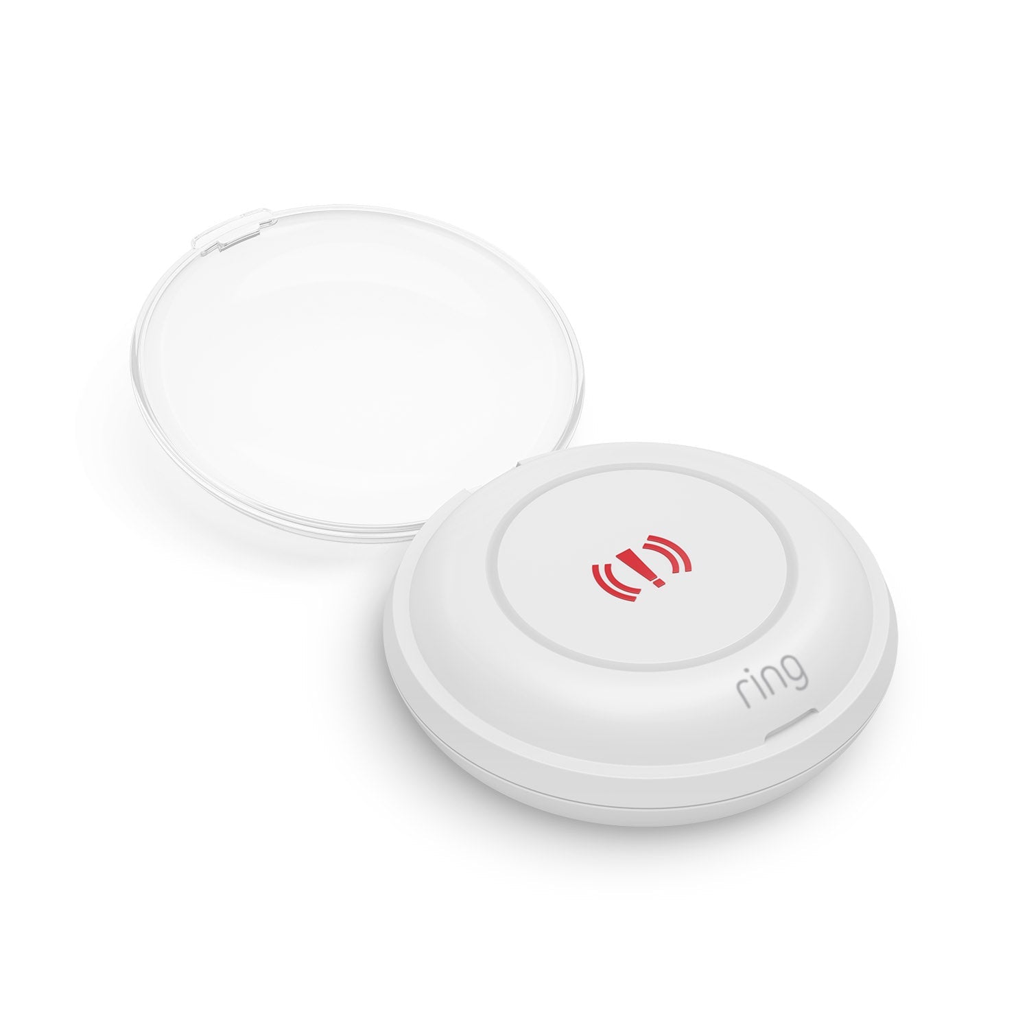 Panic Button (2nd Gen) - White Ring Panic Button 2nd Gen with red alert symbol and open cover.