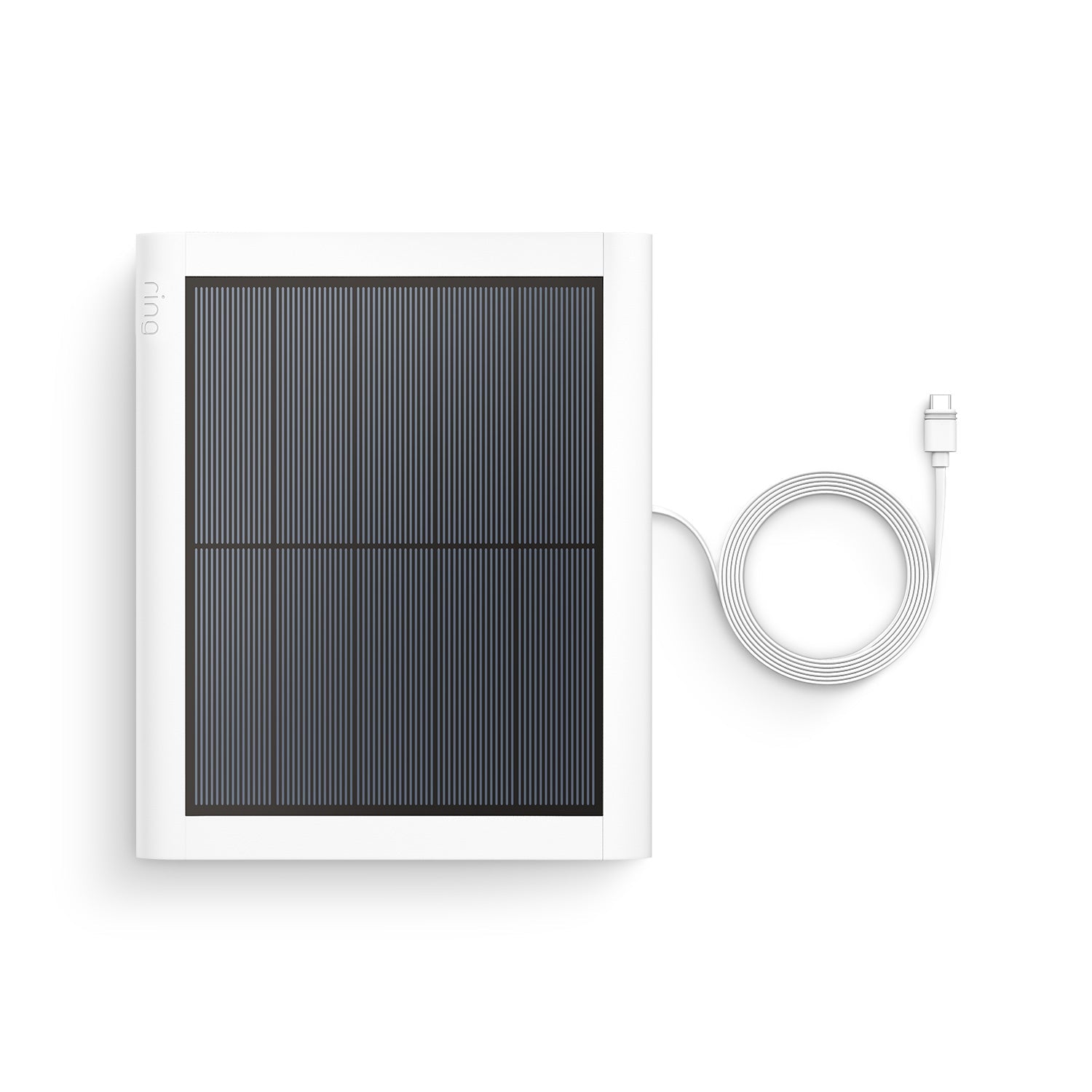 Solar Panel (USB-C) (for Outdoor Cam (Stick Up Cam), Outdoor Cam Plus, Stick Up Cam Pro, Spotlight Cam Plus, Spotlight Cam Pro) - Front view of Ring Solar Panel USB-C with coiled UCB-C cable for connecting to compatible Ring security cameras.