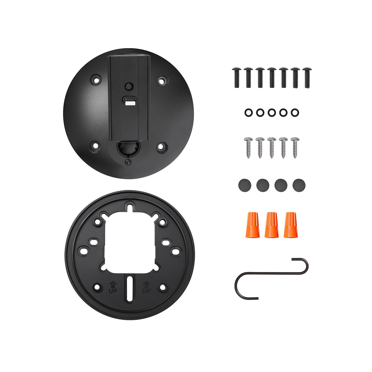 Hardwired Kit for Cameras (Outdoor Cam Plus, Spotlight Cam Plus, Spotlight Cam Pro) - Ring Hardwired Kit with black adapter plate, mounting bracket, screws, wire connectors, and hook.