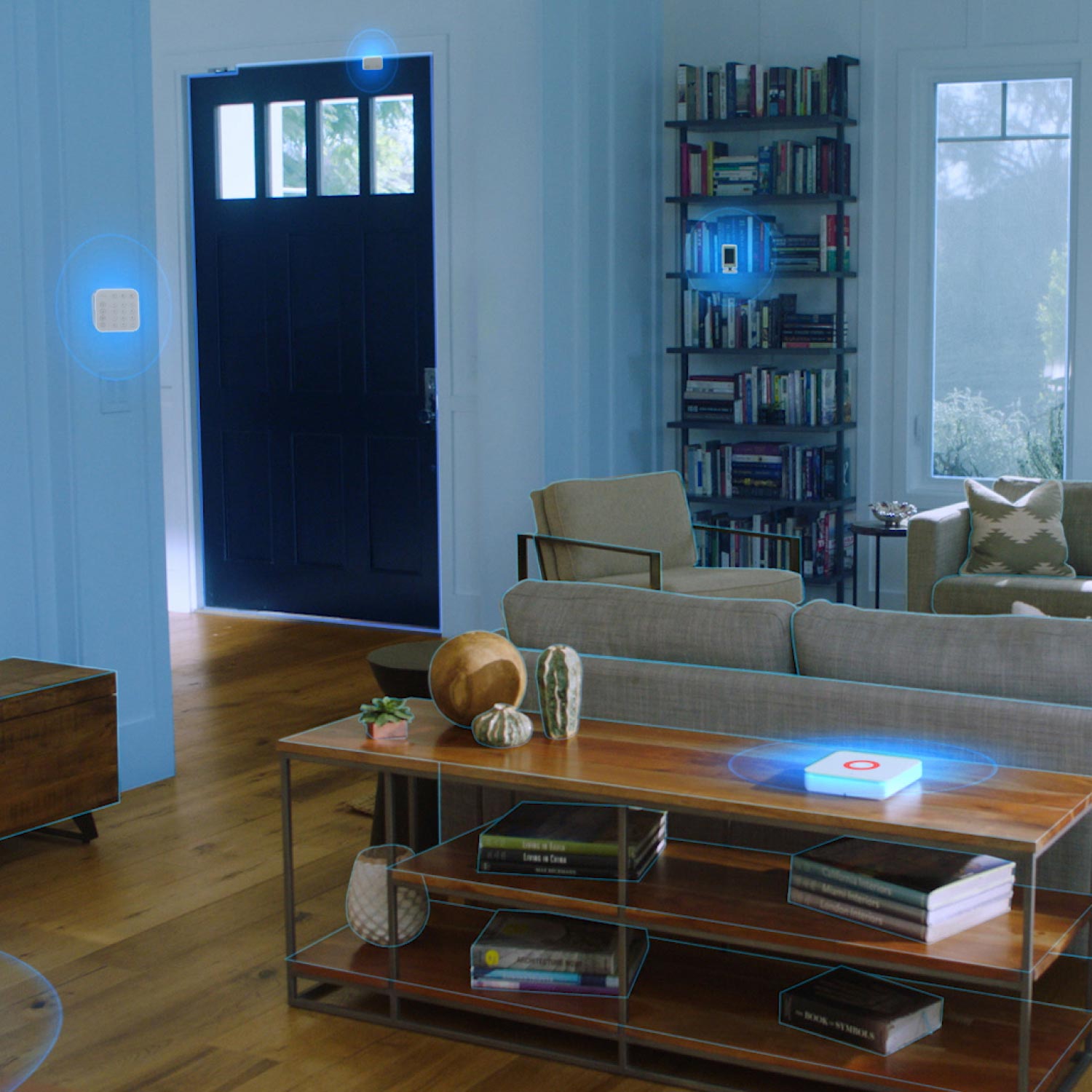 Protected Enhanced Kit (Battery Doorbell Plus + Alarm Security Kit, 8-Piece) - Living room with Ring Alarm Security Kit devices highlighted, showing connected sensors, keypad, and base station.