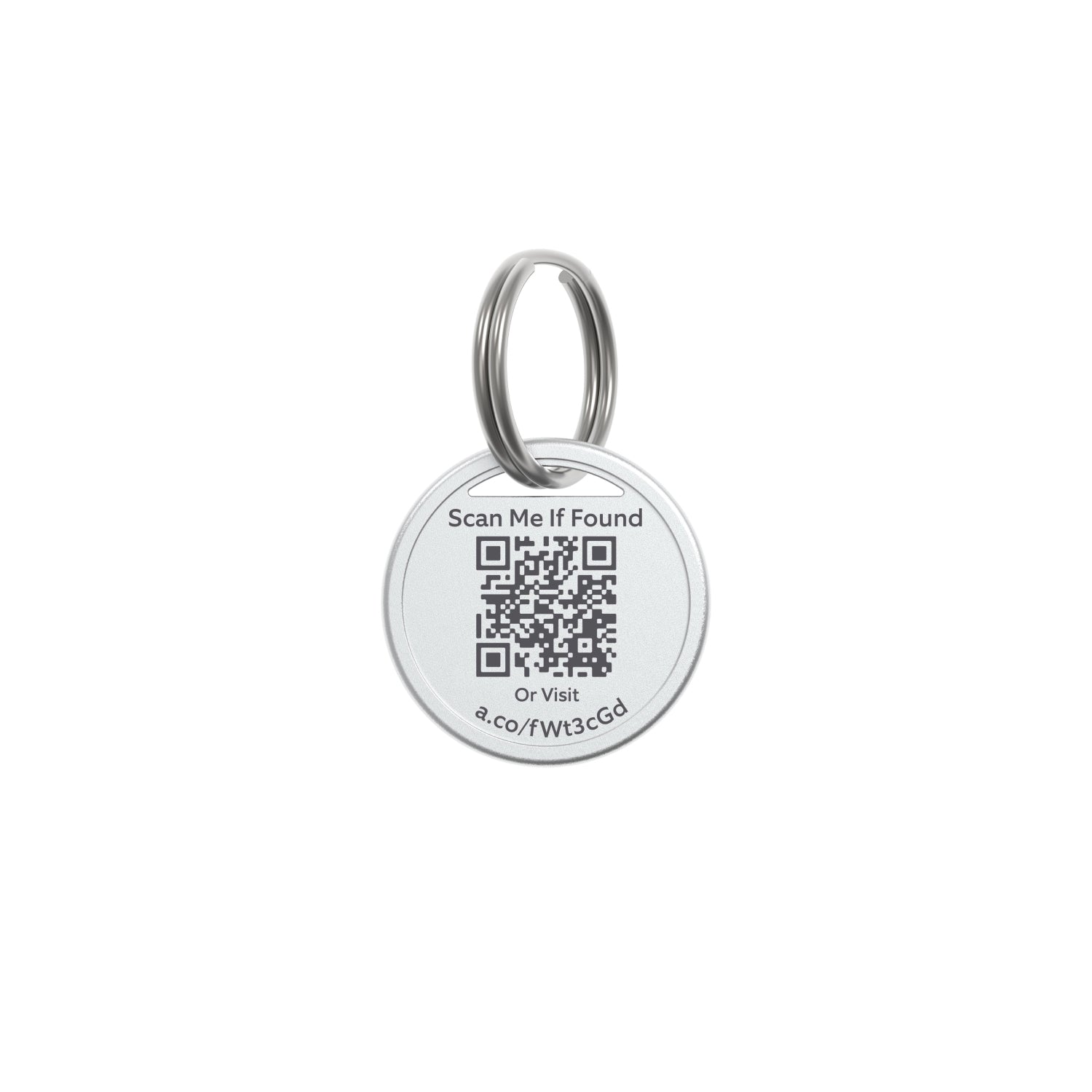 Pet Tag - Round Ring Pet Tag with QR code and 'Scan Me If Found' text, attached to a metal keyring for collars or pet accessories.