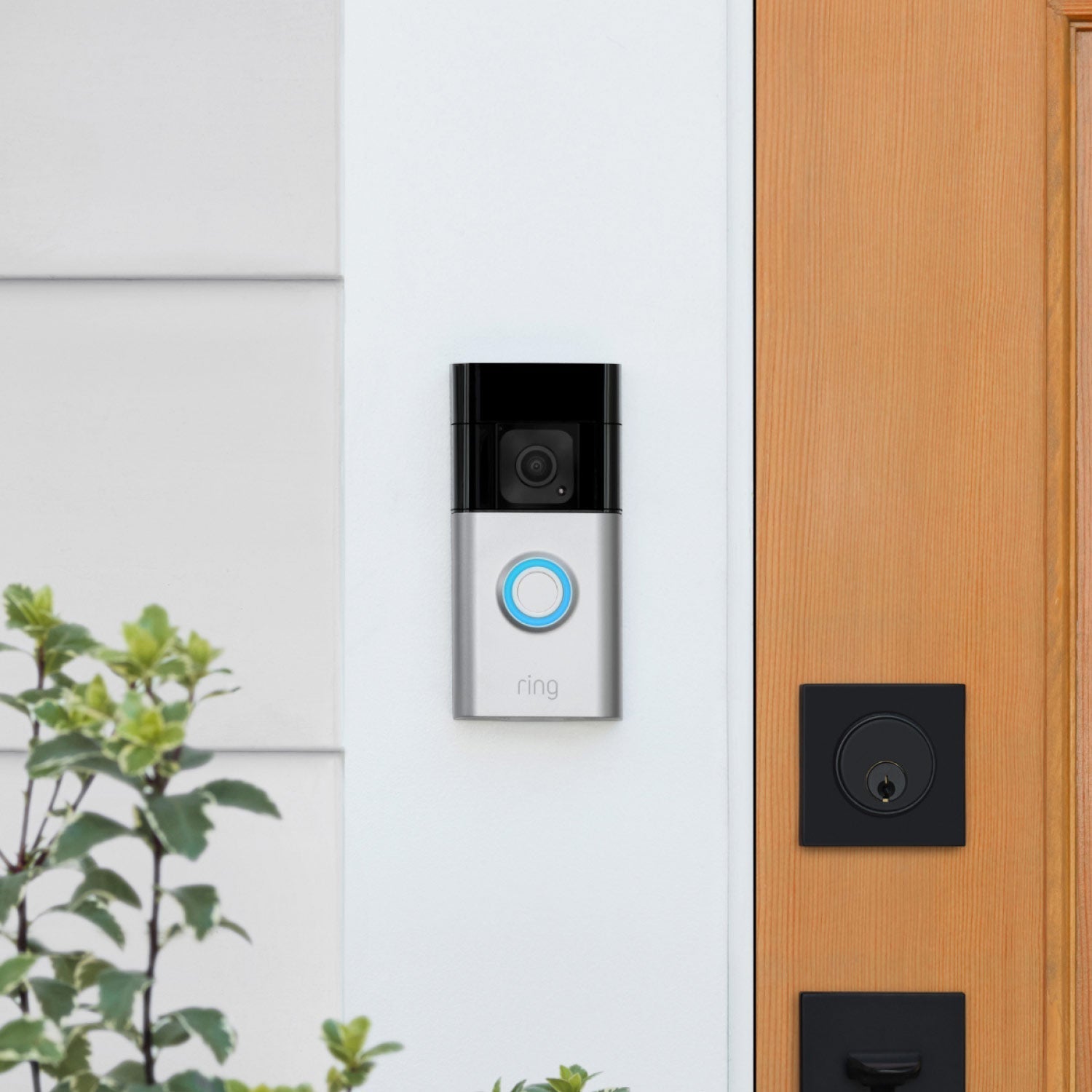Battery Doorbell Plus with Chime Pro - Ring Battery Doorbell Plus with satin-nickel faceplate and blue-lit button, next to black door lock-equipped wooden door.