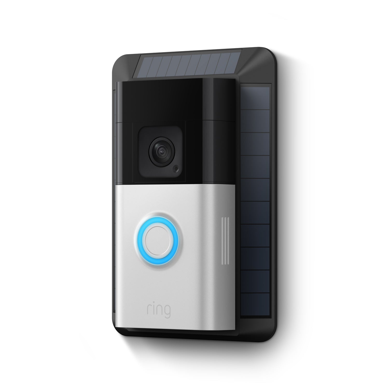 Battery Doorbell Plus + Solar Charger for Battery Doorbells (2nd Generation) - Ring Battery Doorbell Plus with satin nickel faceplate and blue-lit button on a solar charger with black solar panels.
