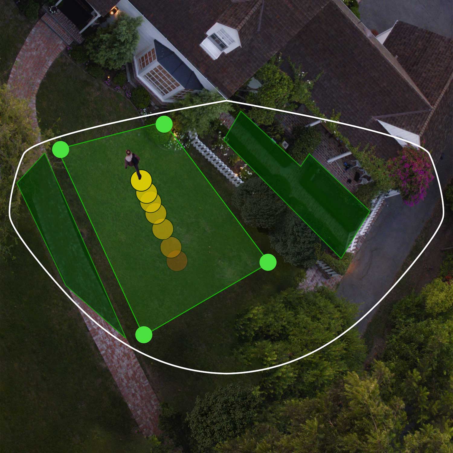 Stick Up Cam Pro (Certified Refurbished) - Battery:Ring Stick Up Cam Pro Bird's Eye View and 3D Motion Detection zones in green and path of a person in yellow.