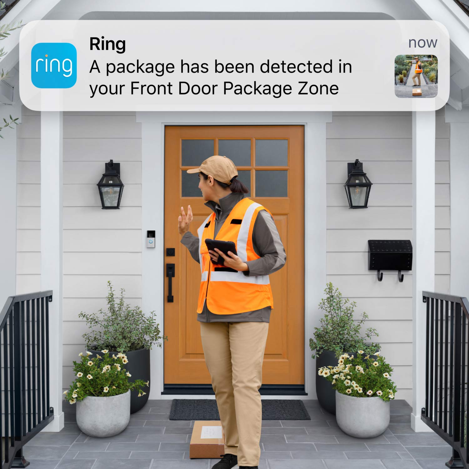 Wired Doorbell Pro (Video Doorbell Pro 2) (Certified Refurbished) - Delivery person at front door as Ring app alert shows package detected in Front Door Package Zone.