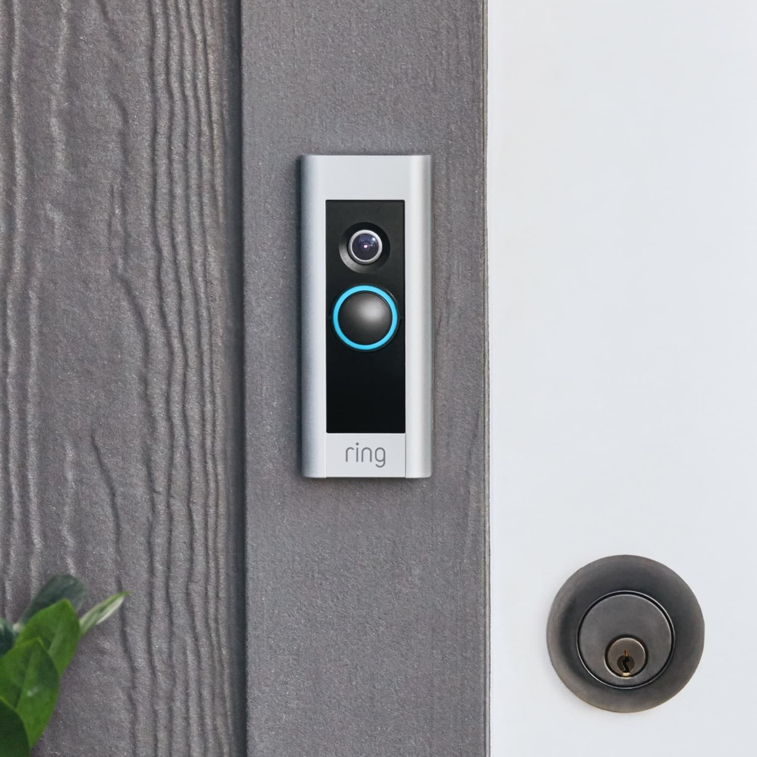 Wired Doorbell Plus (Video Doorbell Pro) (Certified Refurbished) - Ring Wired Doorbell Plus with blue-lit button mounted beside a grey textured door frame and silver deadbolt.