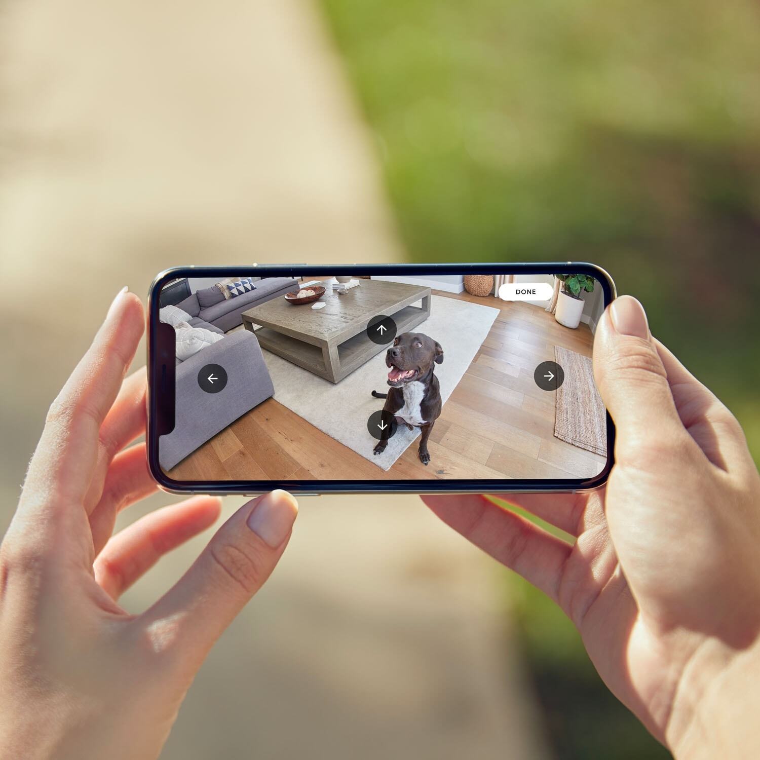 Indoor/Outdoor Pan-Tilt Mount (for Outdoor Cam (Stick Up Cam) Plug-In, 3rd Gen) - Showcase of Ring Indoor/Outdoor Pan-Tilt Mount for Stick Up Cam, showing range of motion and full room and outdoor views.