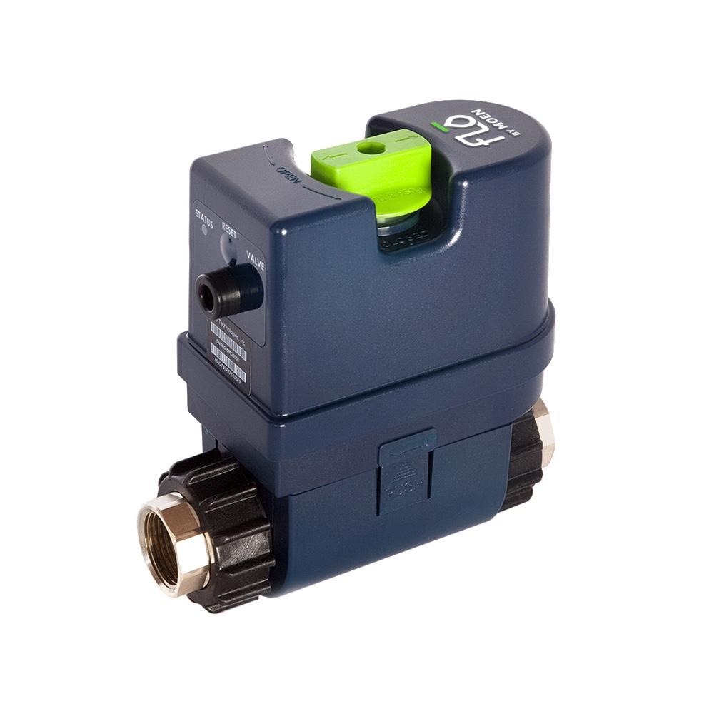 Flo by Moen 3/4-Inch Smart Water Shutoff (for Works with Ring) - Flo by Moen three-quarter-inch Smart Water Shutoff valve in dark blue with green control knob.