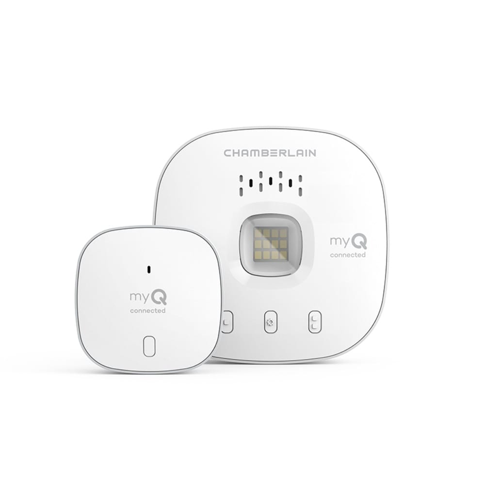 Chamberlain® Smart Garage® Control (for Works with Ring) - Two white Chamberlain Smart Garage Control devices with myQ connected logos against a white background.