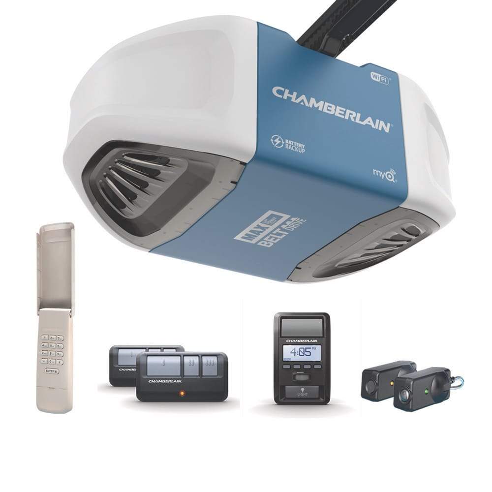 Chamberlain® Ultra-quiet belt drive Wi-Fi® Garage Door Opener (for Works with Ring) - Chamberlain Ultra-quiet belt drive Wi-Fi Garage Door Opener with accessories.