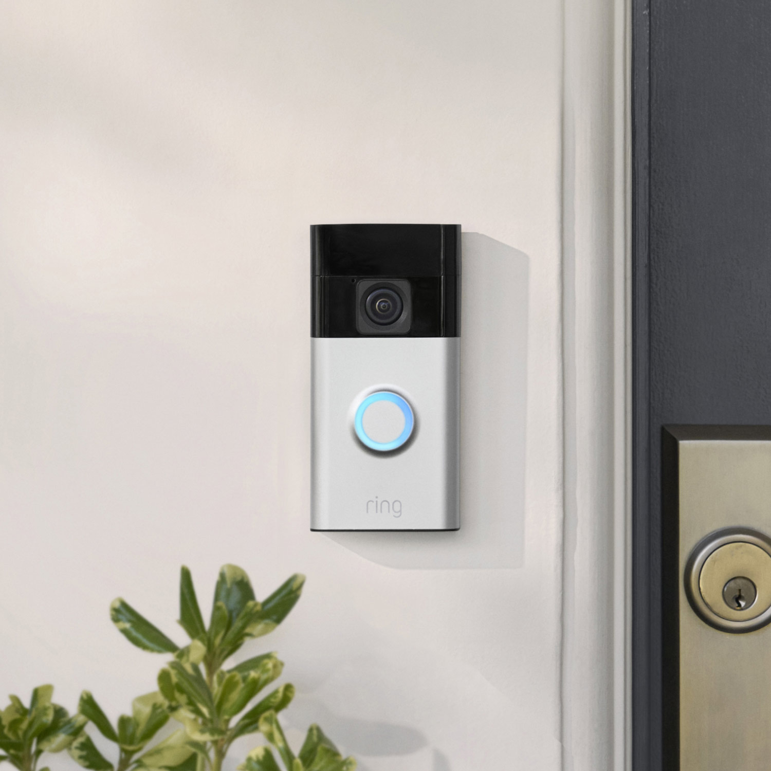 Battery Doorbell + Indoor Cam - Ring Battery Doorbell with satin nickel faceplate and an blue-lit button mounted next to a front door.