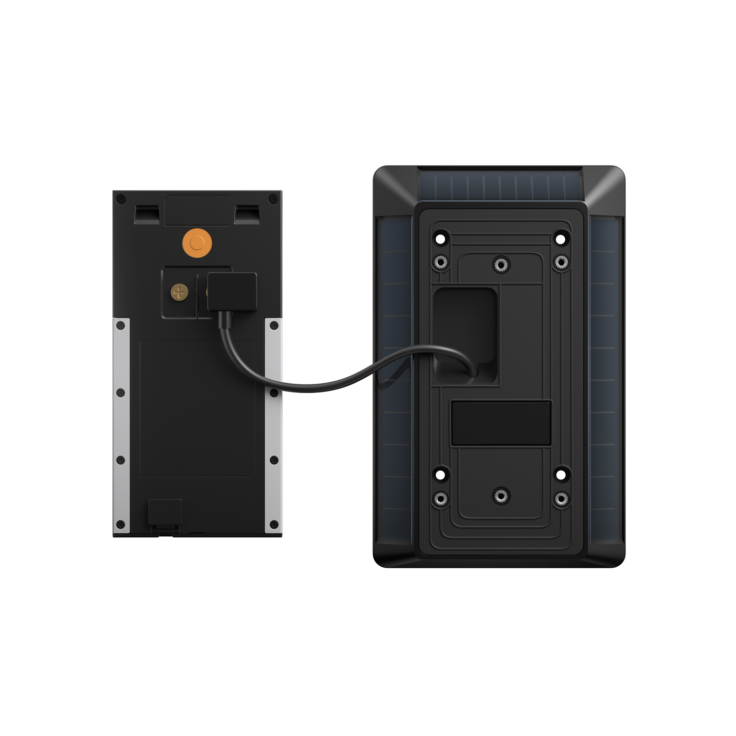 Solar Charger for Battery Doorbell (Battery Doorbell) - Back view of Ring Solar Charger and Battery Doorbell connected by USB-C cable, showing mounting hardware.