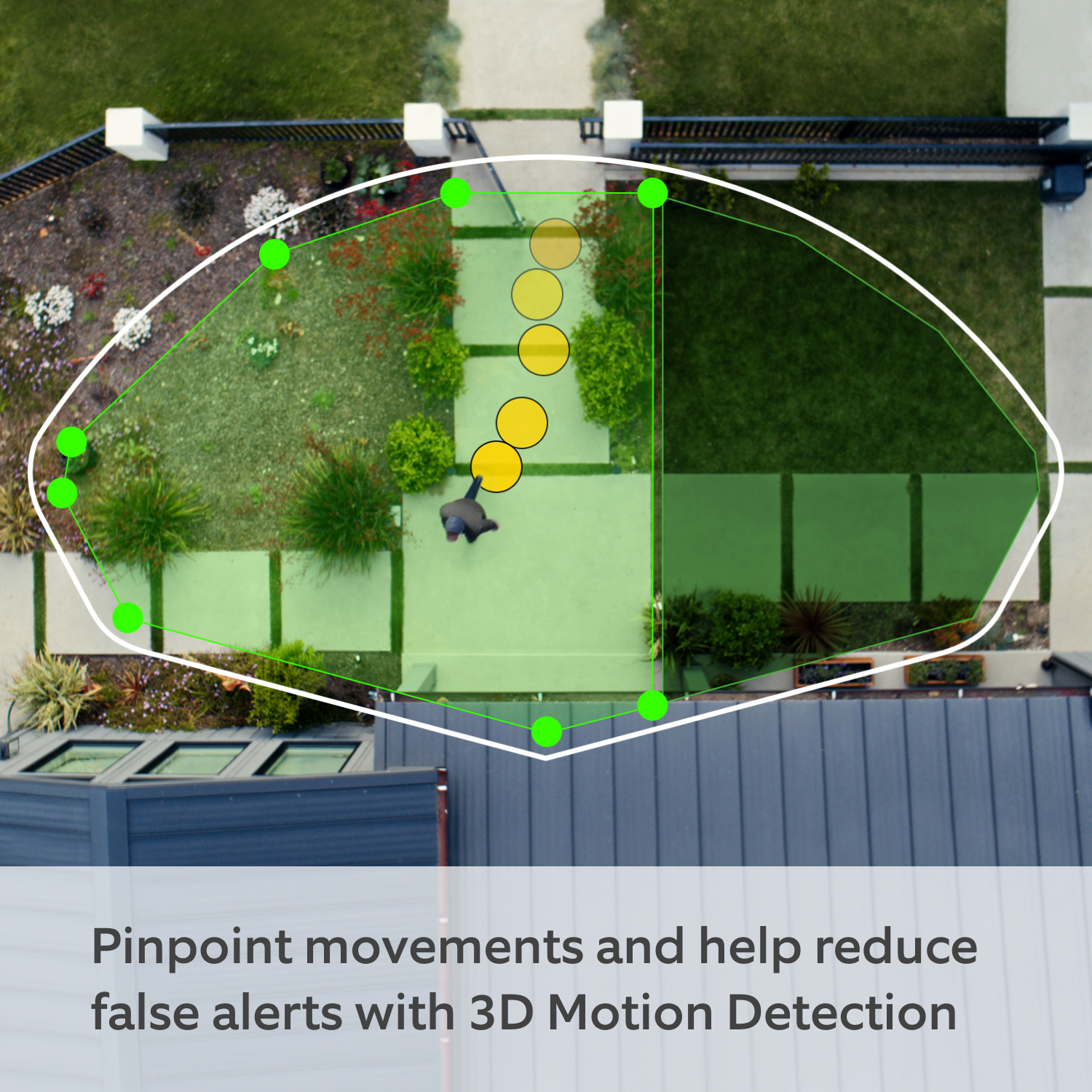 Battery Doorbell Pro - Ring App overhead view of a yard with motion path and detection zones, showing 3D Motion Detection coverage.