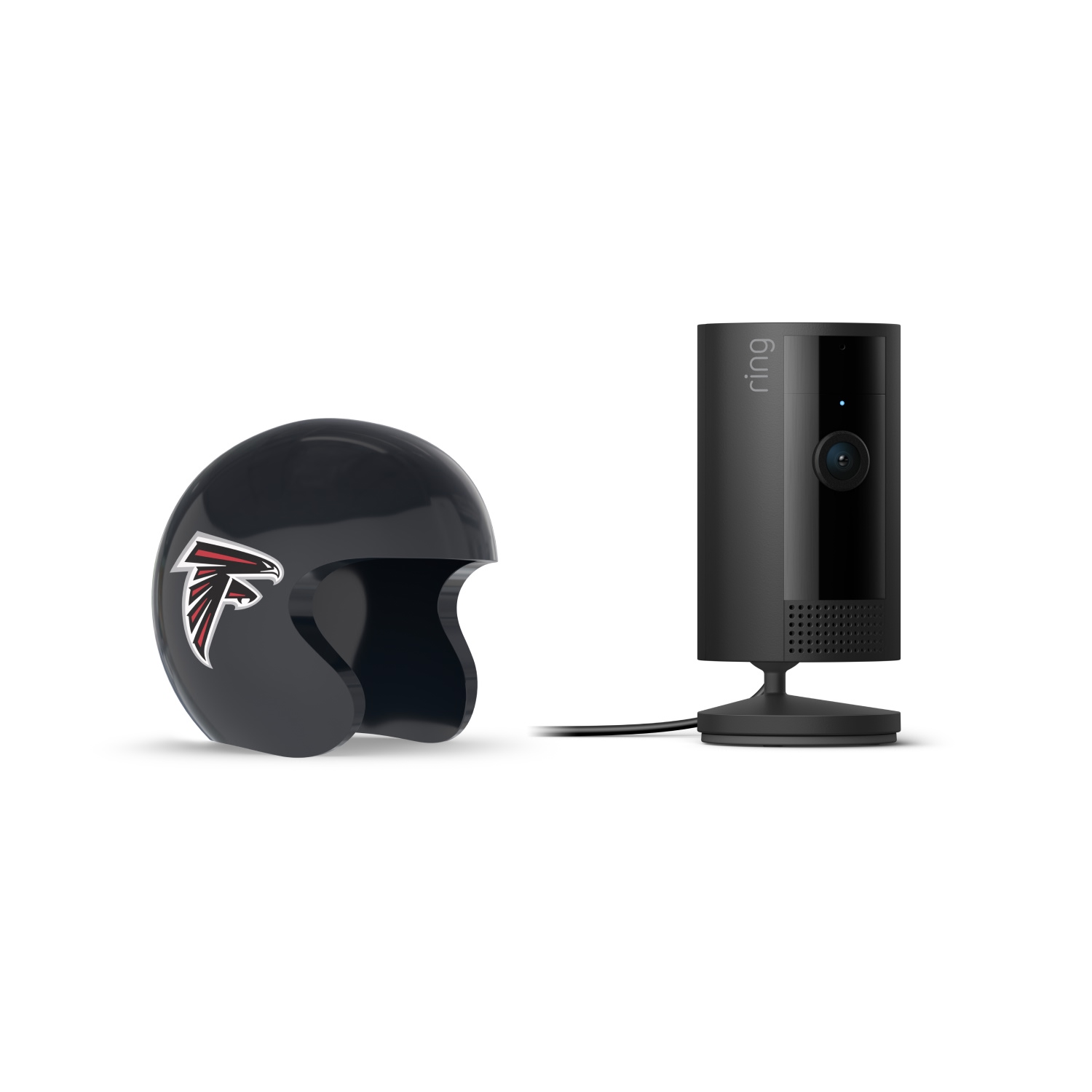 Indoor Cam, Black + NFL Game Day Cam Cover — NFC - Black Ring indoor camera on a stand beside a dark football helmet with a red and white falcon logo on white background.