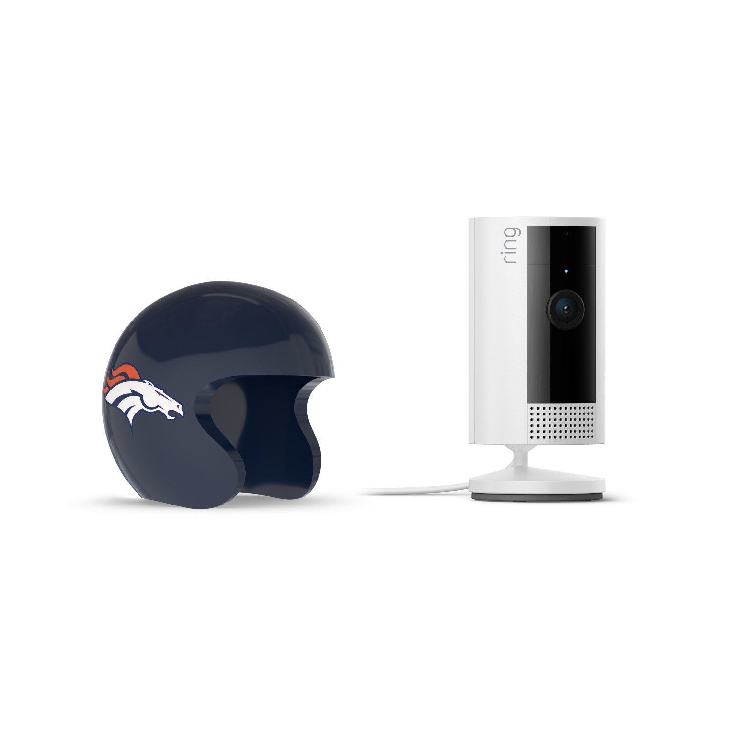 Indoor Cam, White + NFL Game Day Cam Cover — AFC - White Ring indoor cam on a stand next to a navy football helmet with a horse logo, both on a white background.