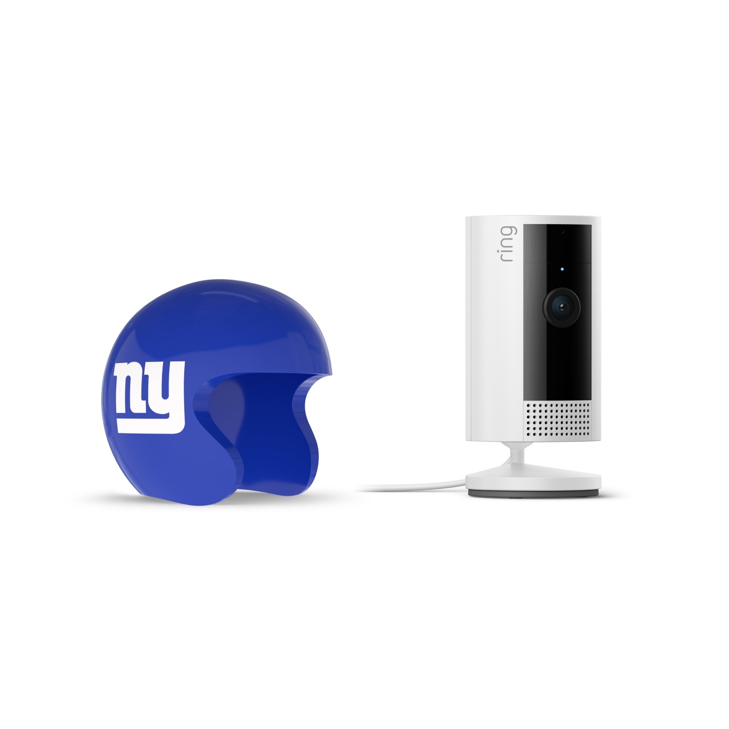 Indoor Cam, White + NFL Game Day Cam Cover — NFC - Blue NY football mini helmet beside a white Ring indoor camera on a stand with power cord, set against a white background.