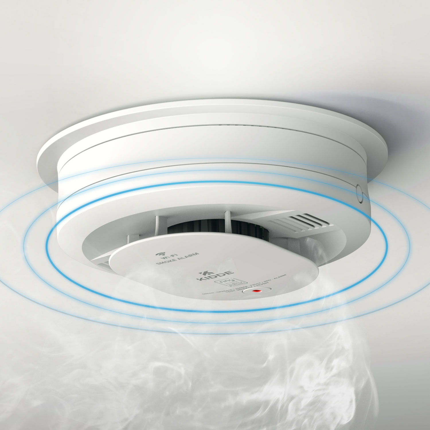 Kidde Wired Smart Smoke Alarm - KIDDE Smart Smoke Alarm on the ceiling detecting smoke.