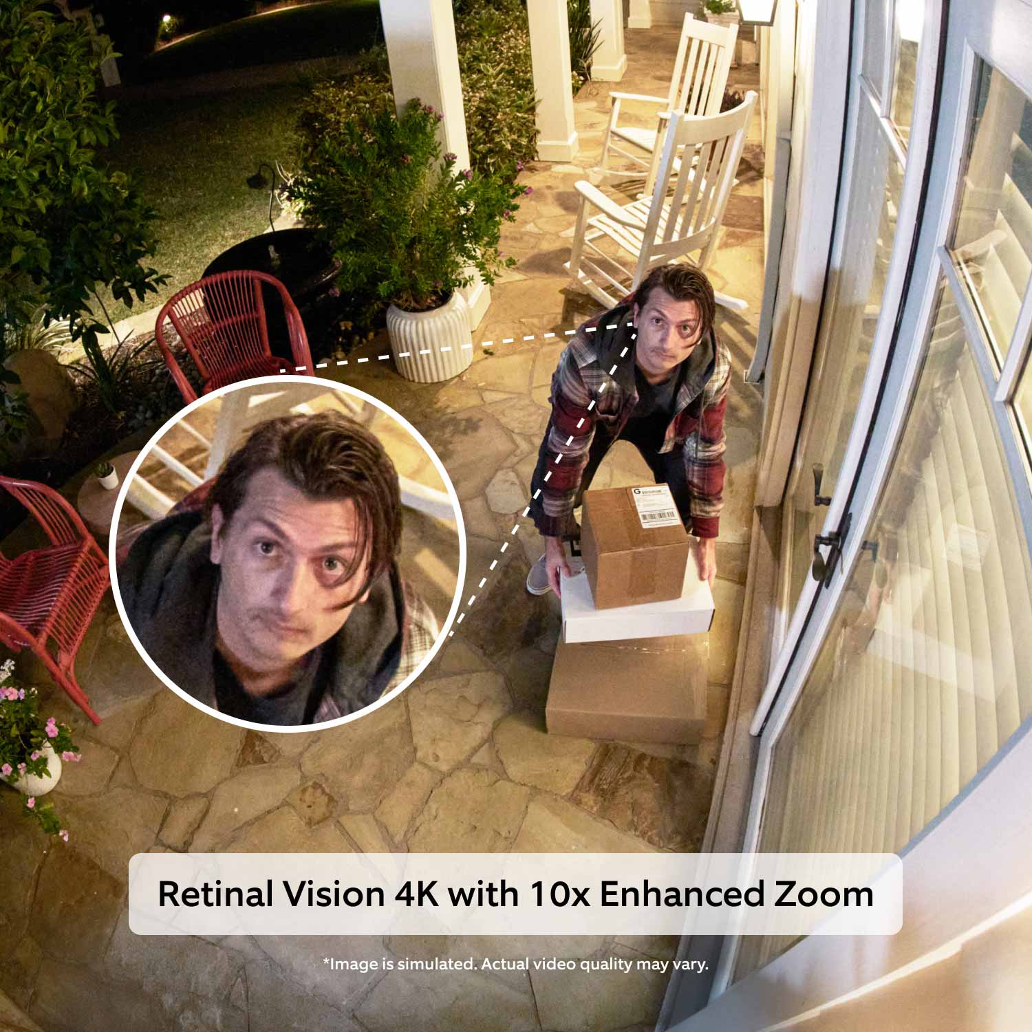 Outdoor Cam Pro (Featuring Retinal 4K) - Person stealing packages on a stone patio with white rocking chairs and potted plants, viewed through security camera.