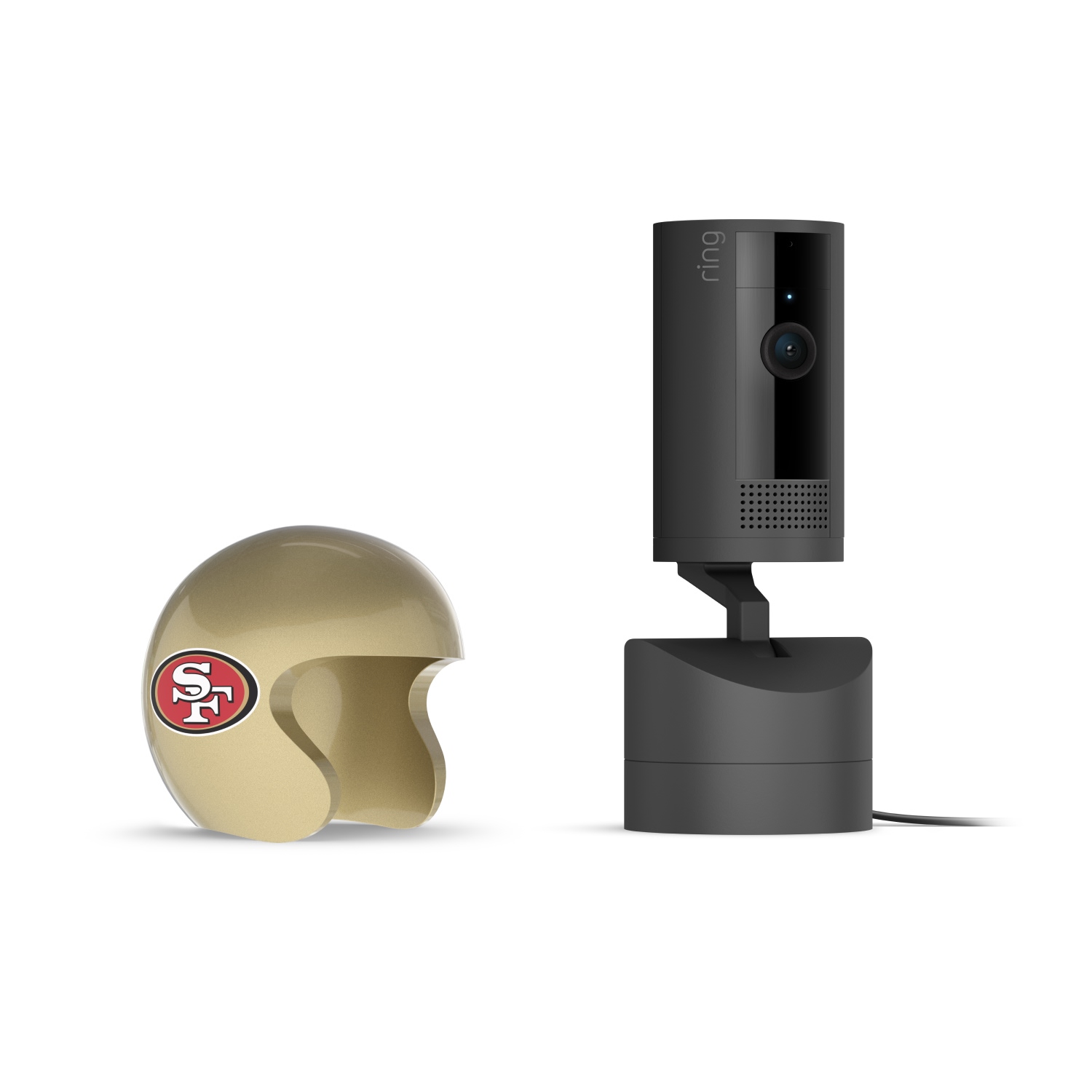 Pan-Tilt Indoor Cam, Black + NFL Game Day Cam Cover — NFC - Black Ring indoor camera on a swivel base beside a gold mini helmet with a red SF logo, set against a white background.
