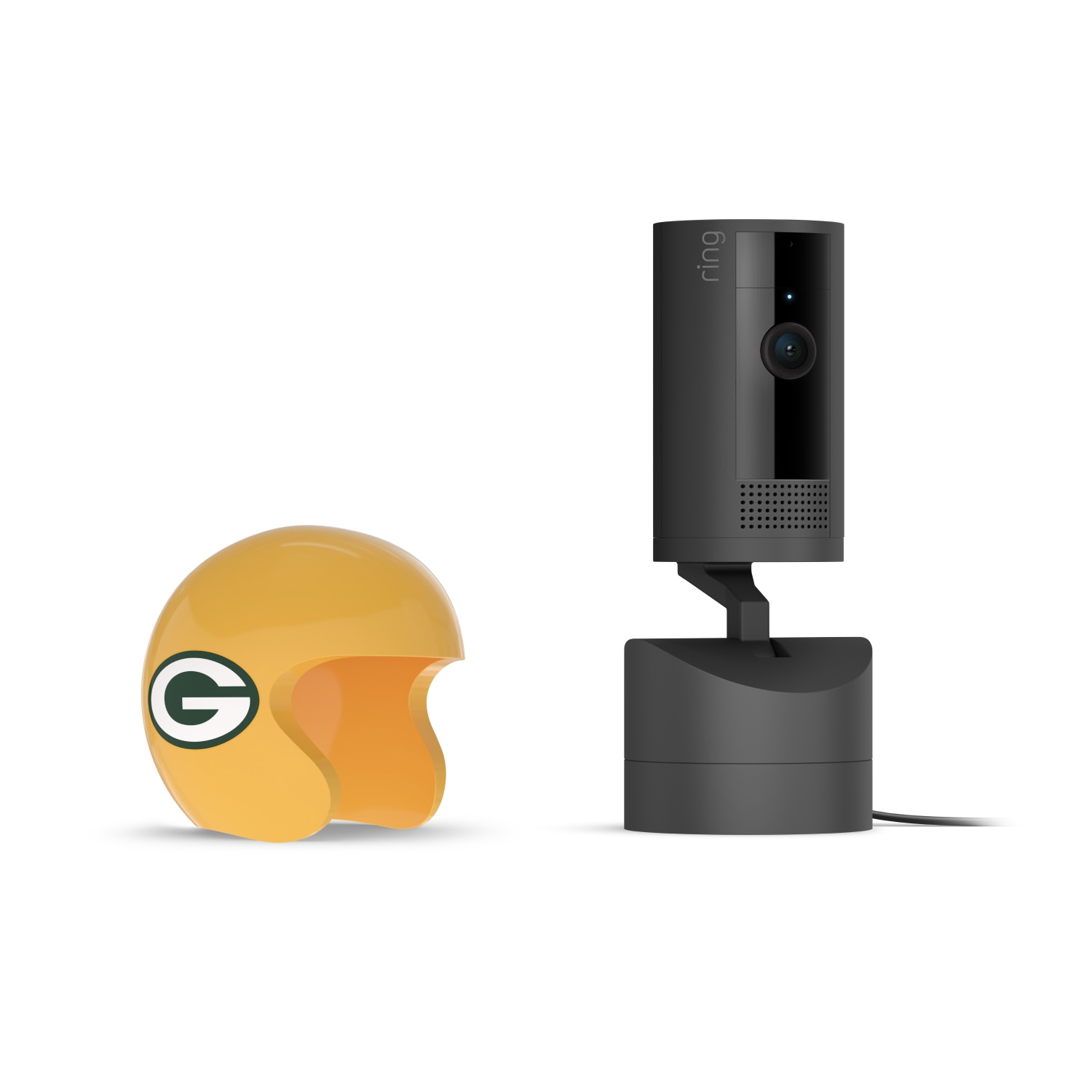 Pan-Tilt Indoor Cam, Black + NFL Game Day Cam Cover — NFC - Black Ring indoor camera on a stand beside a small yellow helmet with a green “G” logo, set on a white background.