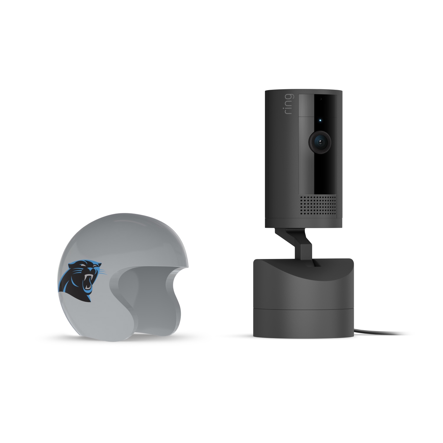 Pan-Tilt Indoor Cam, Black + NFL Game Day Cam Cover — NFC - Black Ring indoor camera on a stand beside a gray mini football helmet with a blue-black panther logo on a white background.
